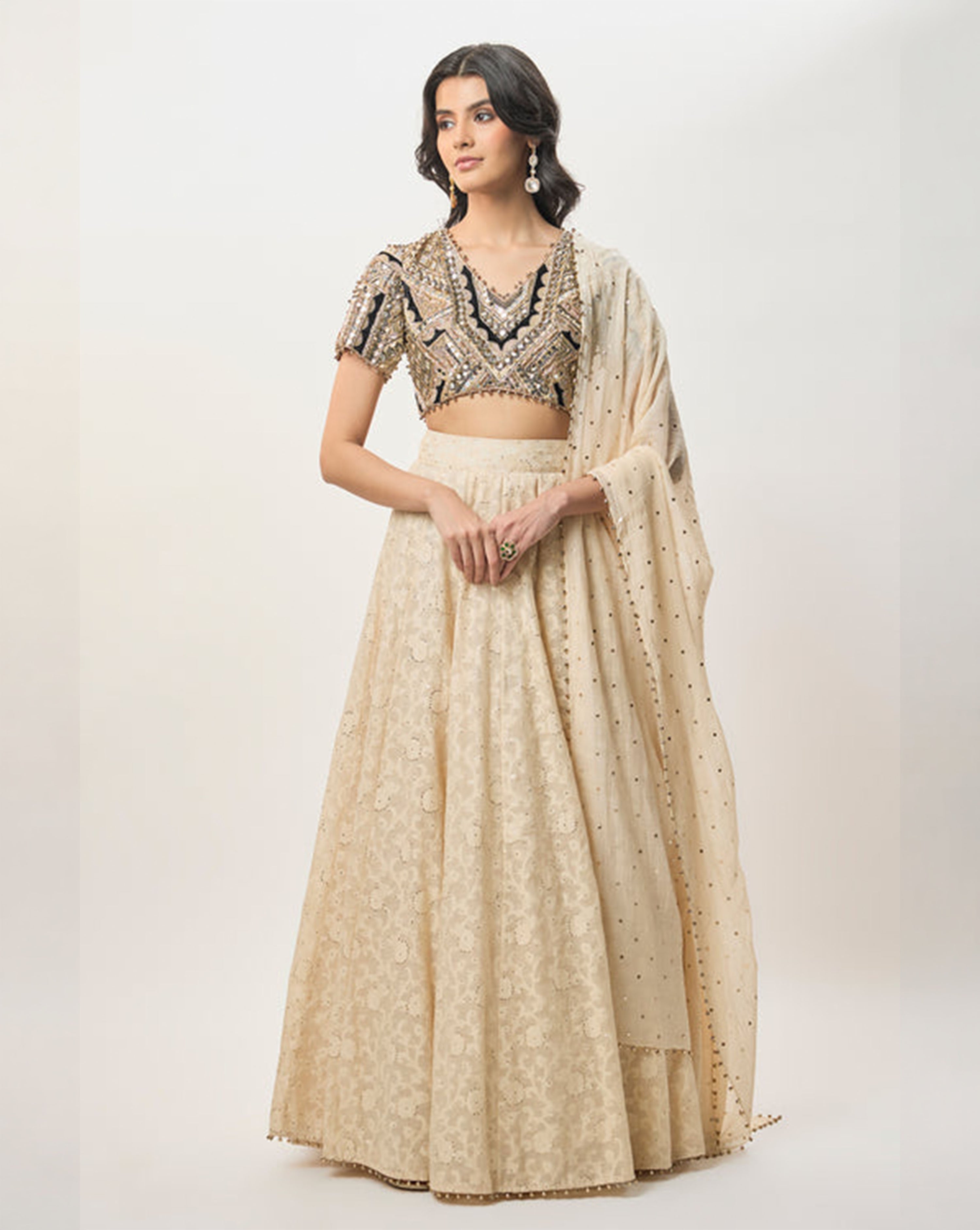 Mahtab Stone Georgette Embroidered Choli With Lehenga And Mukaish Mul Dupatta