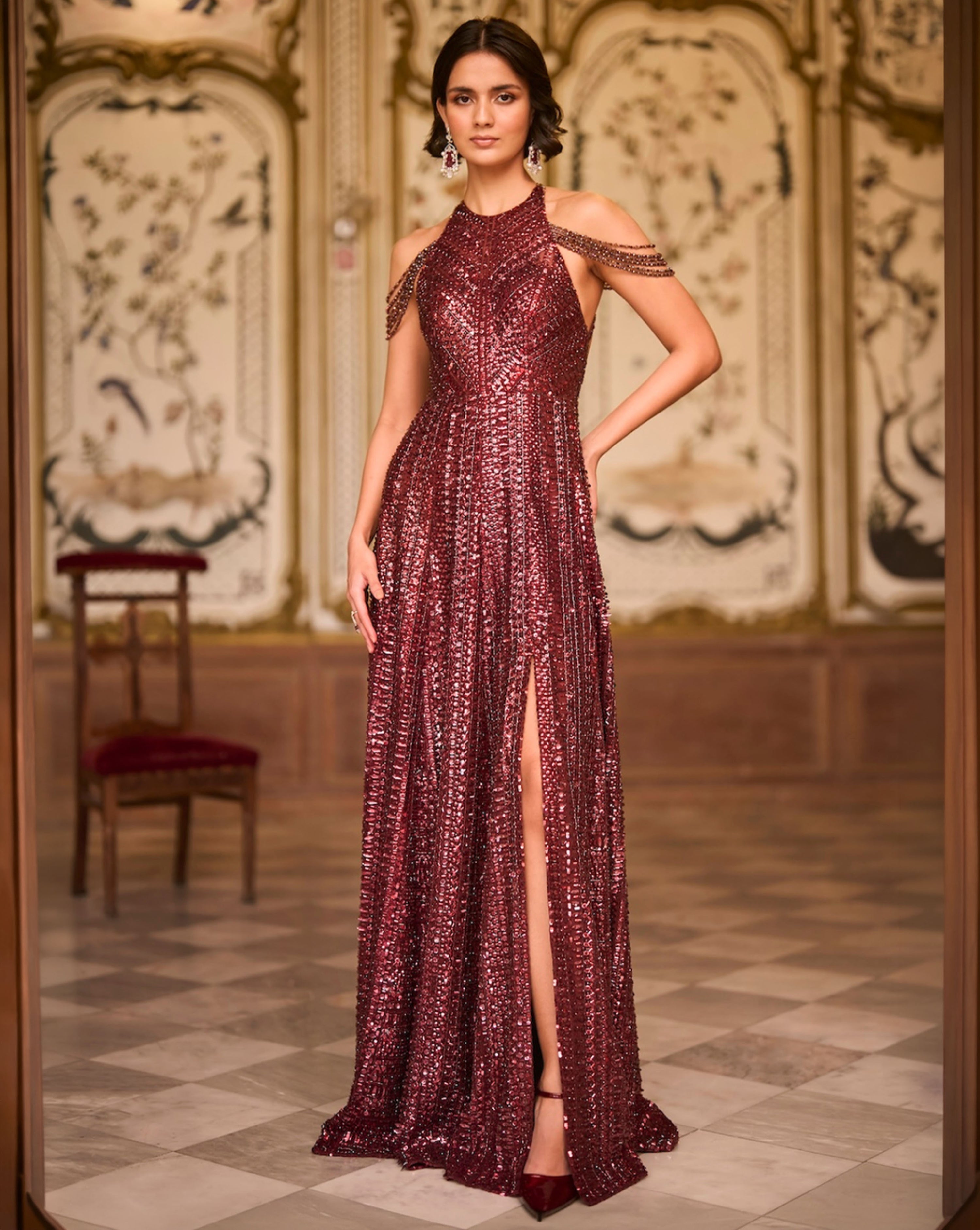 Maroon Sequin Halter Neck Gown