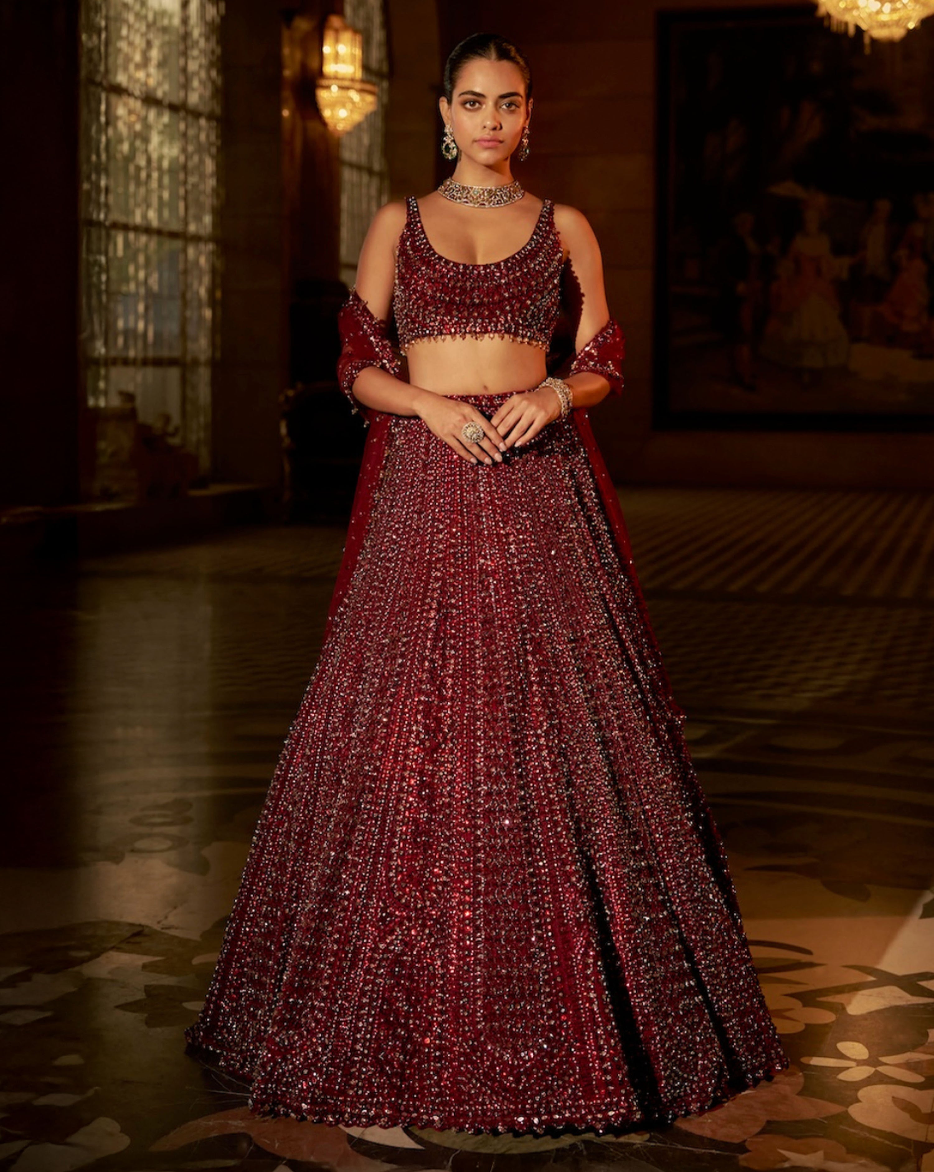 Maroon Sequin Lehenga Set