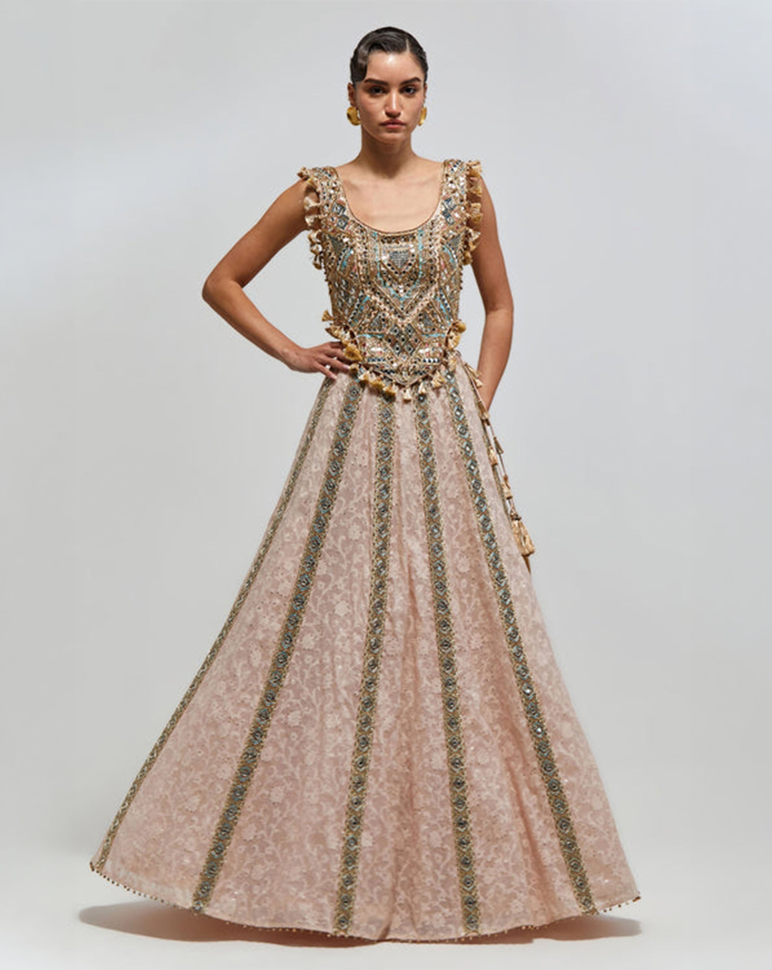 Mehrsa Blush Pink Georgette Half Back Covered Embroidered Choli And Katarwa Lehenga