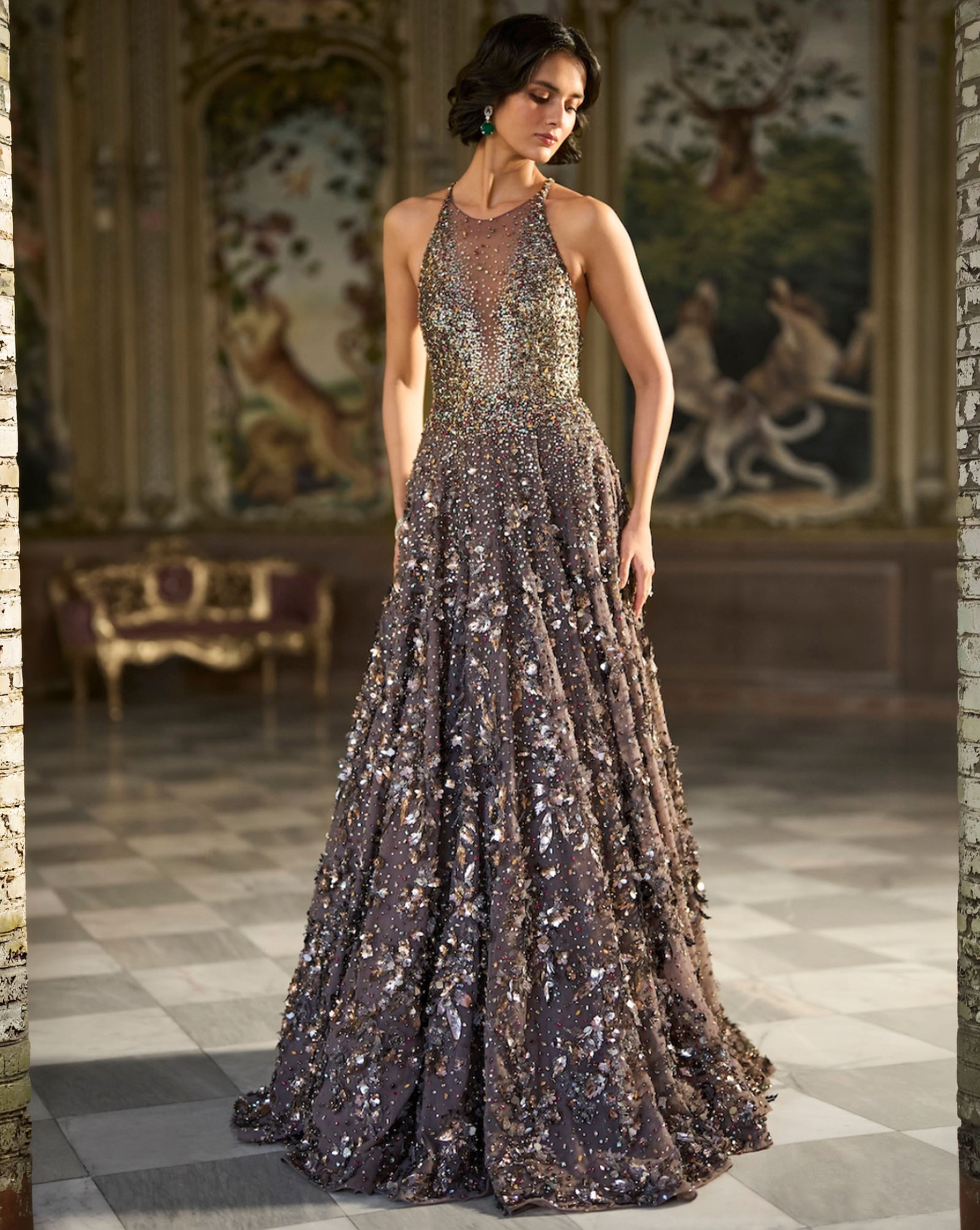 Metallic Antique Silver 3D Gown