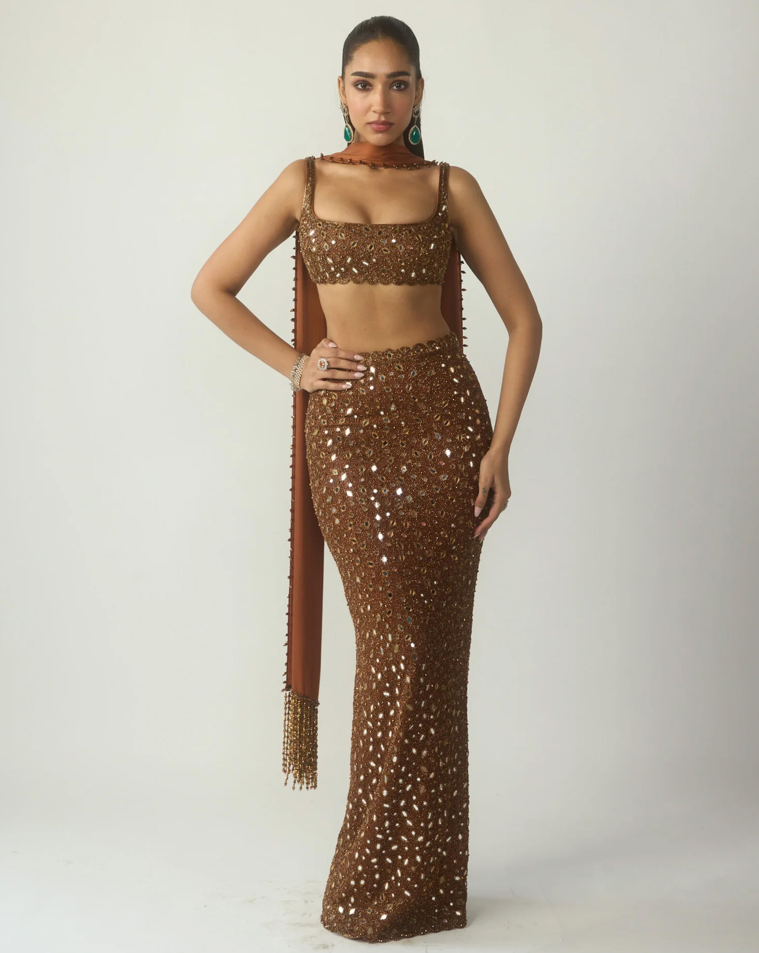 Metallic Copper Pencil Skirt Set
