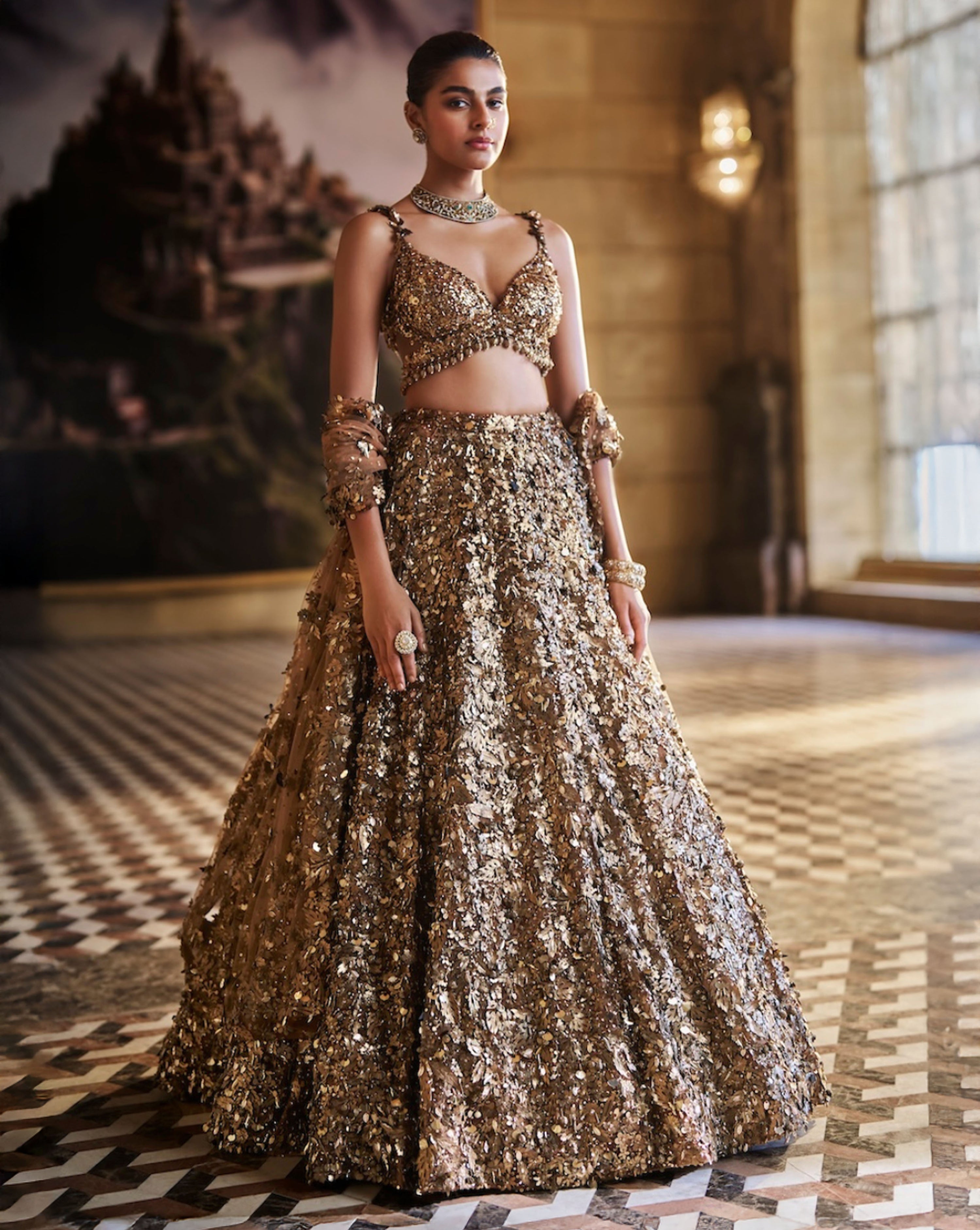 Metallic Gold 3D Lehenga Set