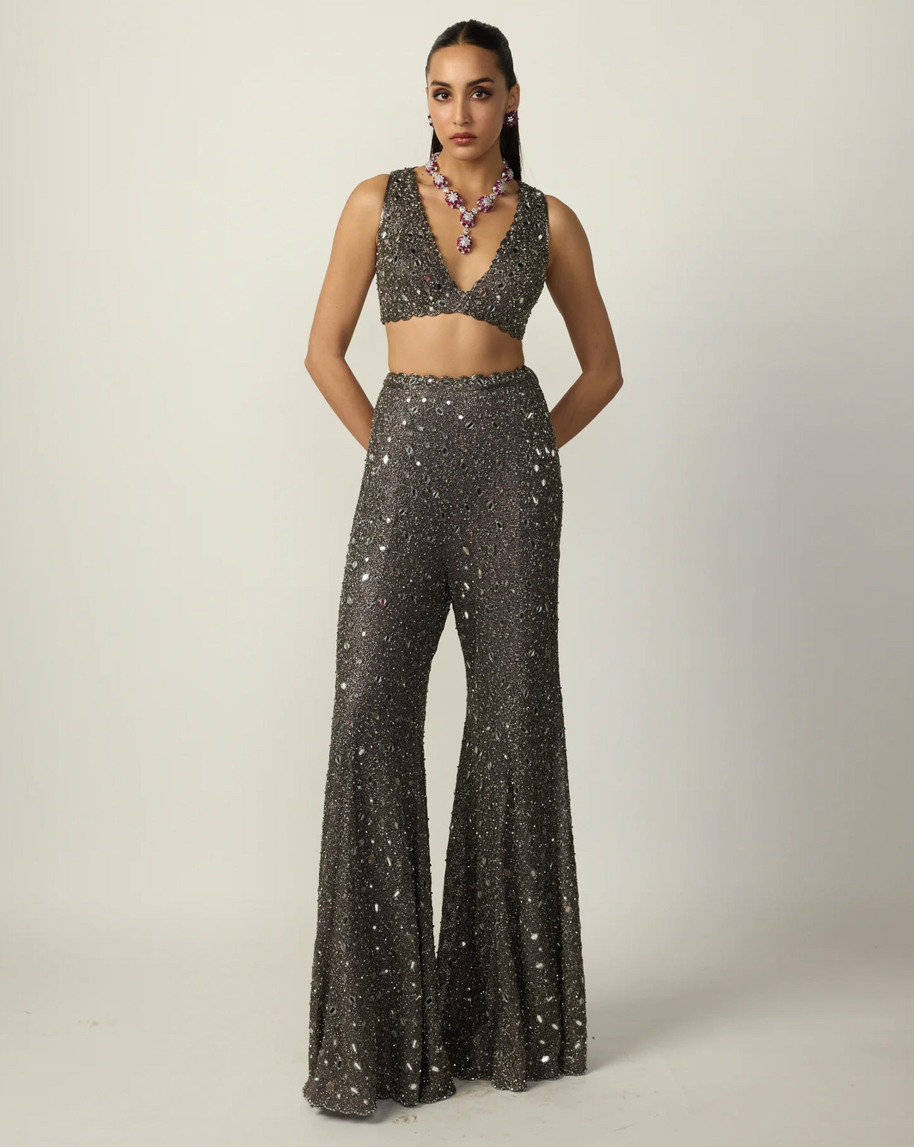 Metallic Grey Blouse Sharara Pant Set