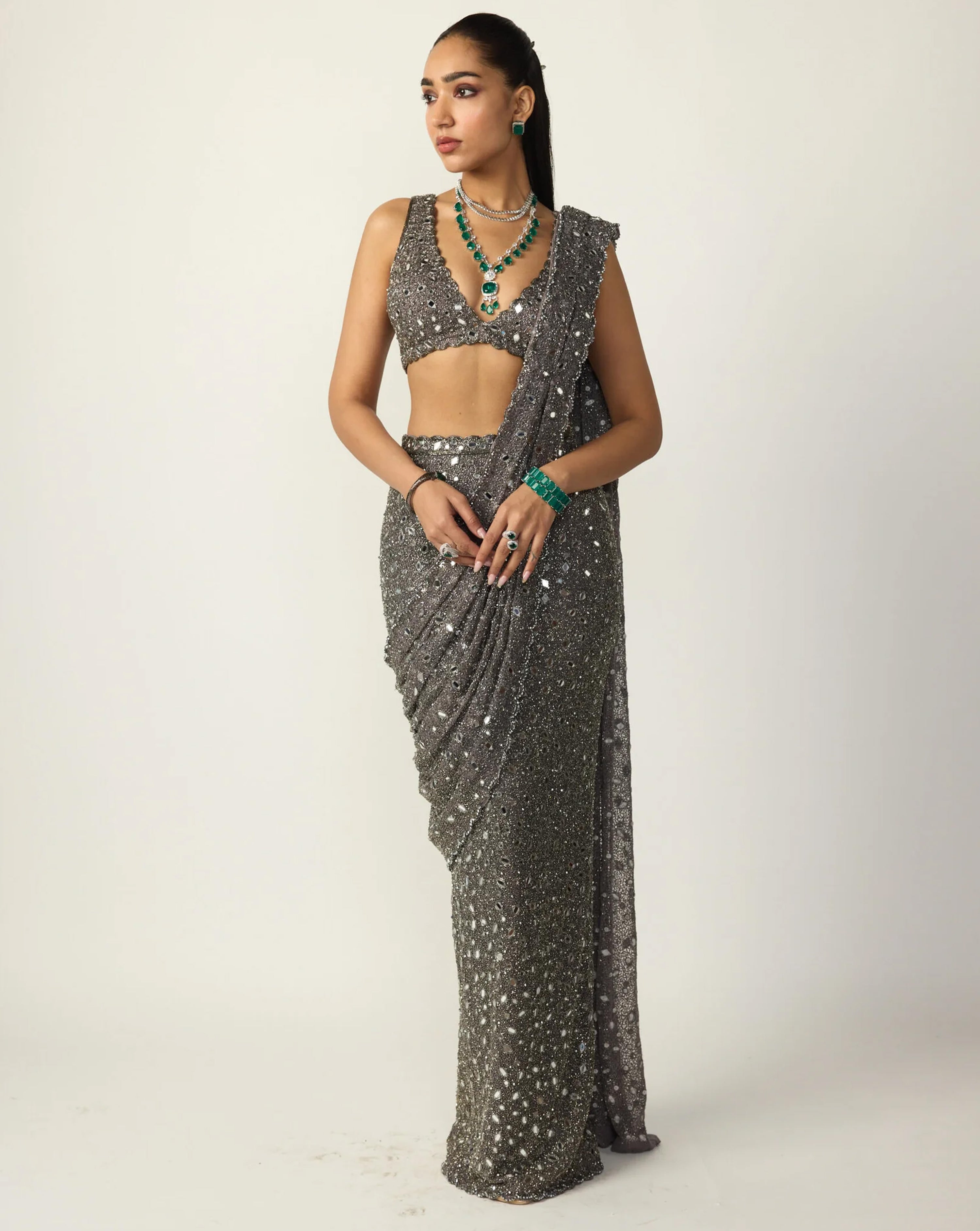 Metallic Grey Draped Saree Set - Ready to Ship