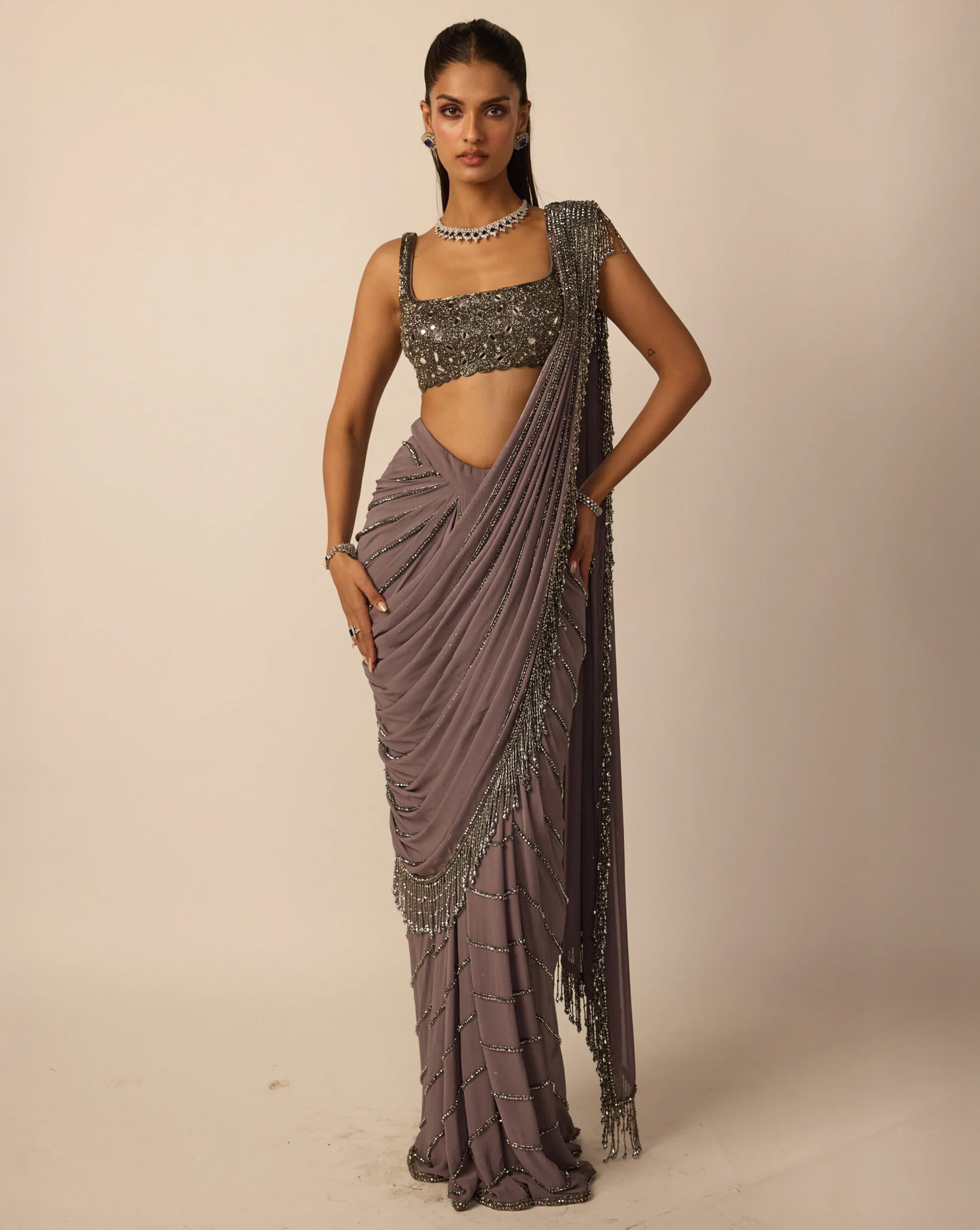 Metallic Grey Linear Draped Saree