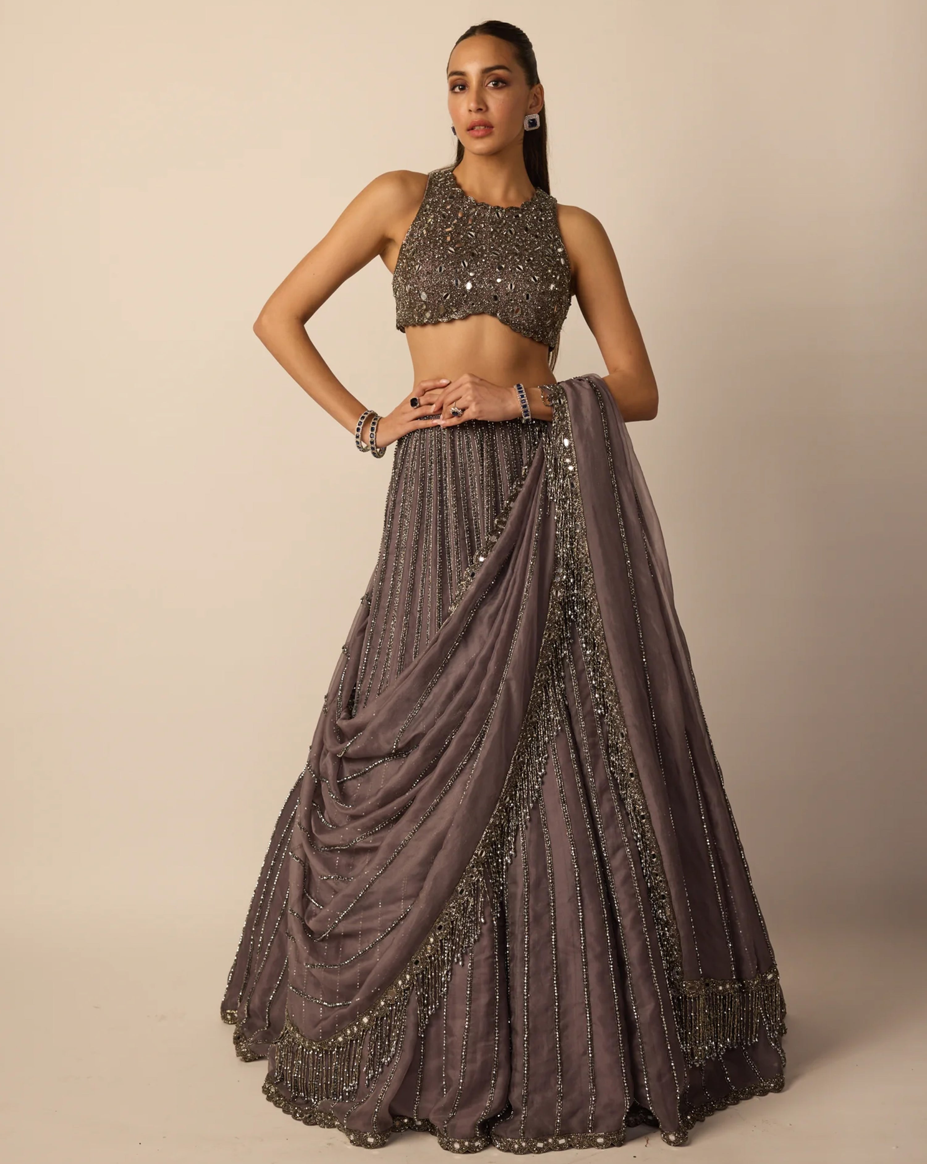 Metallic Grey Linear Lehenga Set