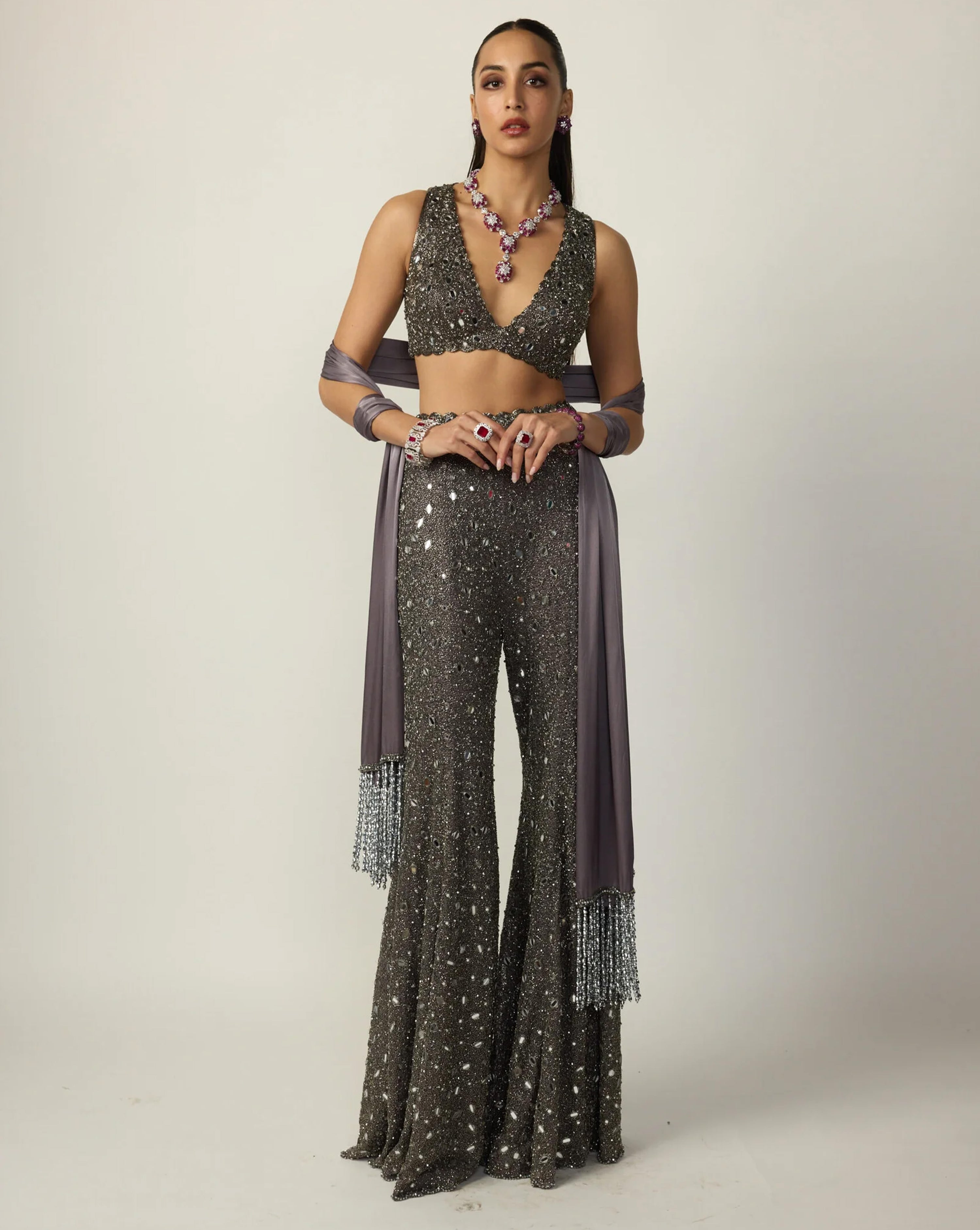 Metallic Grey Sharara Pant Set