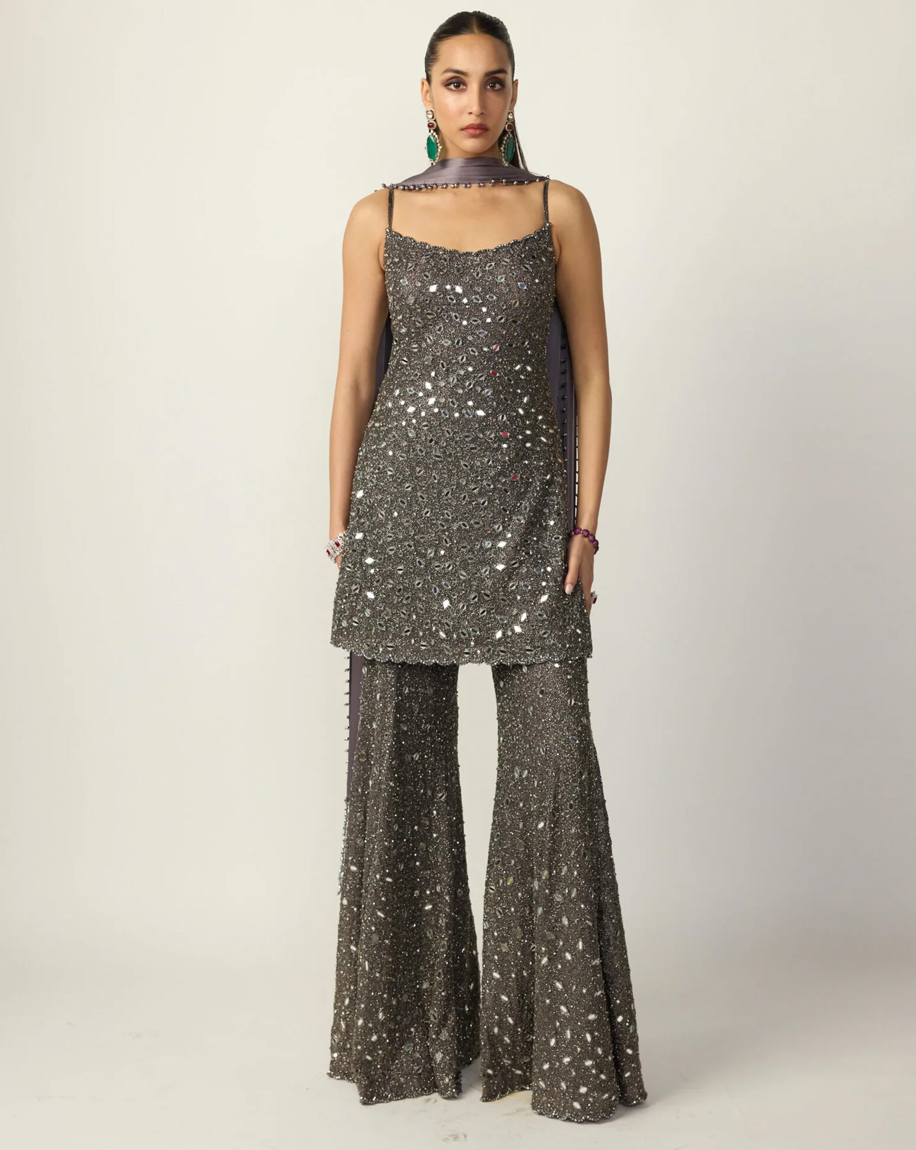 Metallic Grey Sharara With Kurta Set