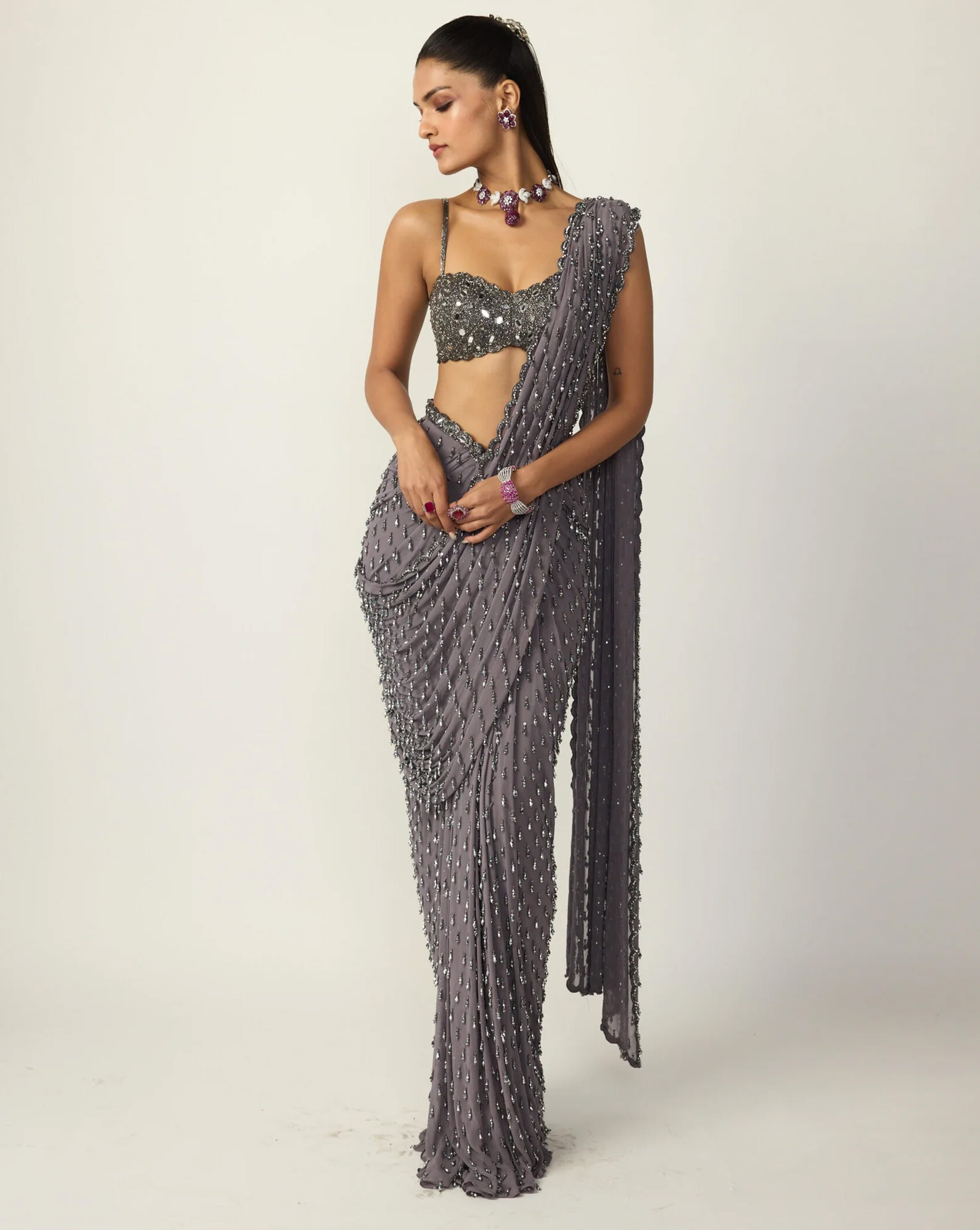 Metallic Grey Single Drop Draped Saree Set