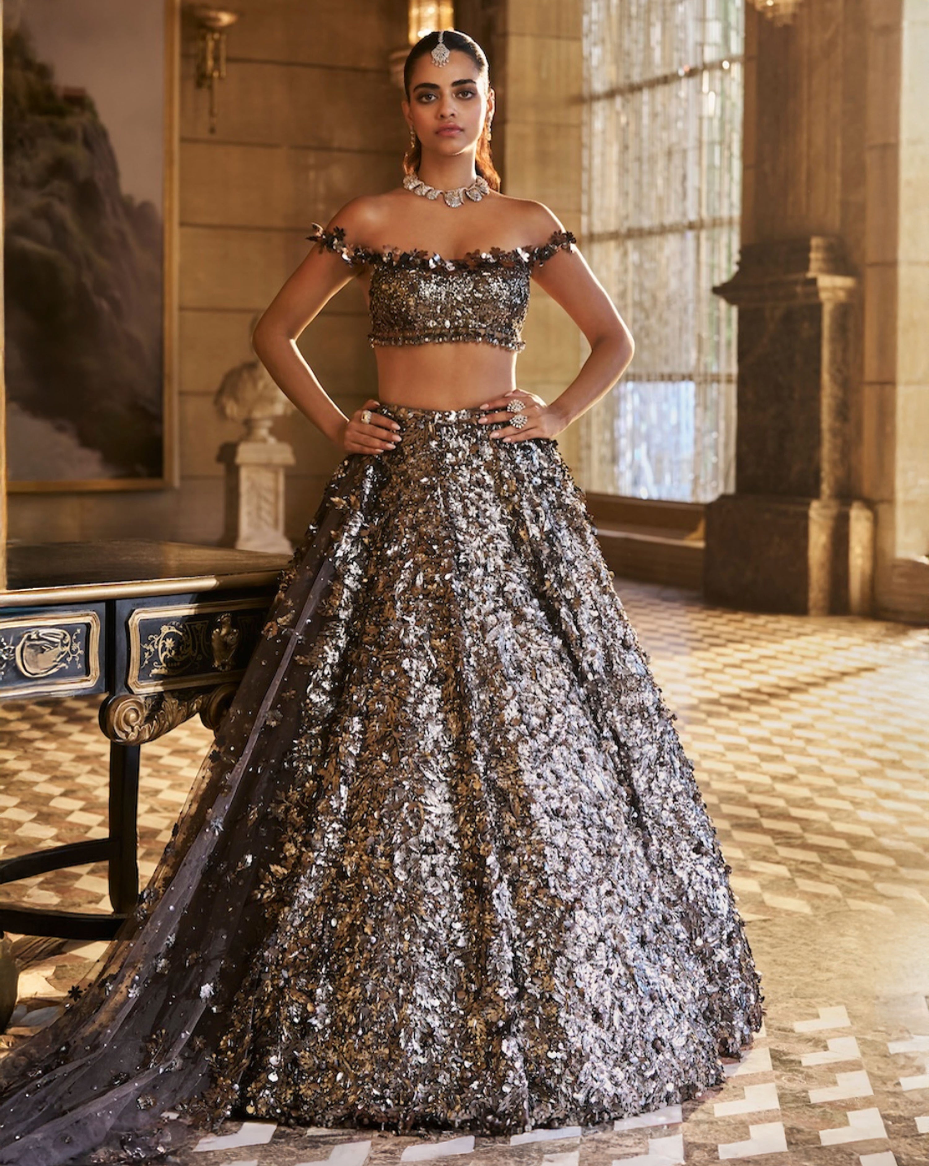 Metallic Silver 3D Lehenga Set