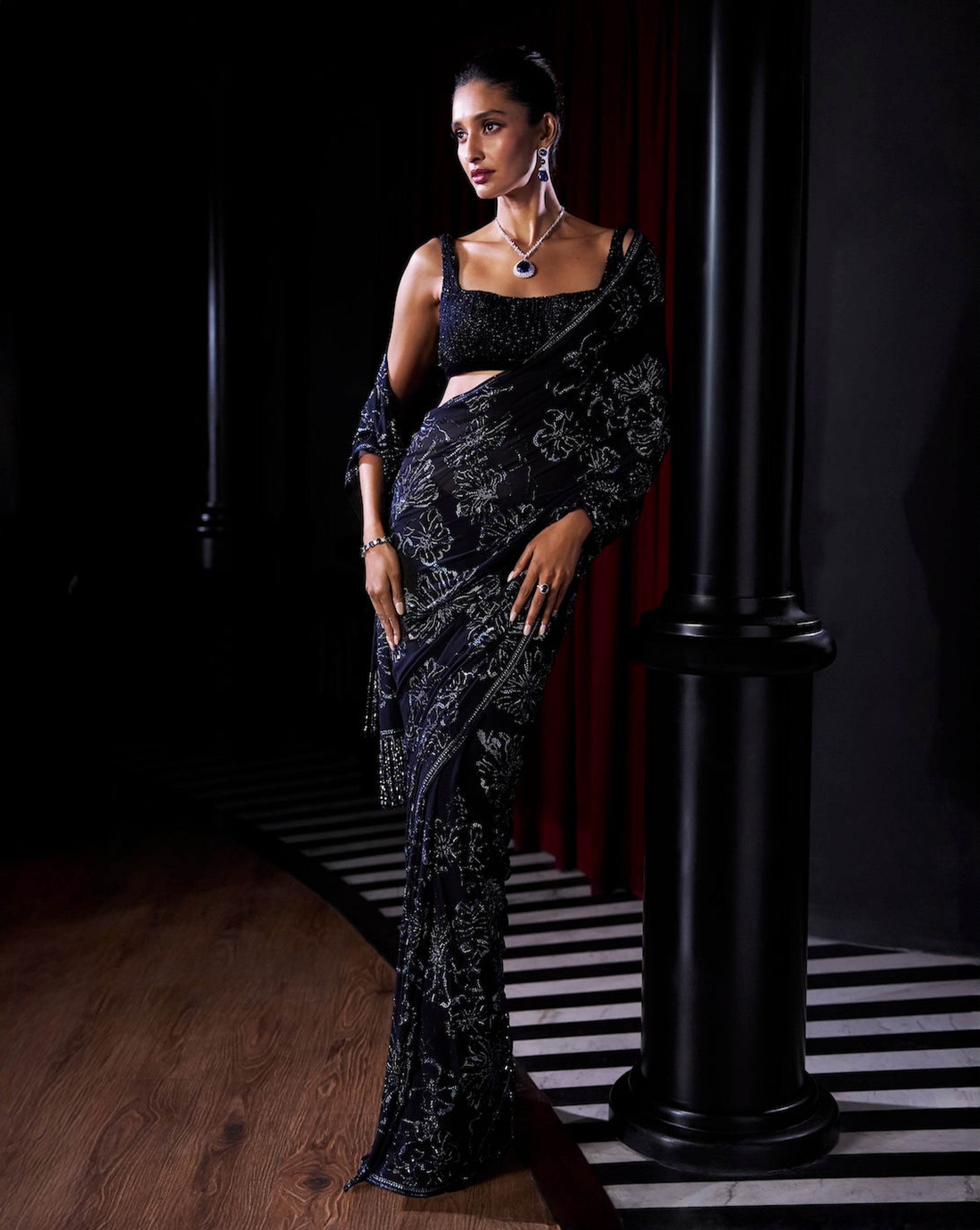 Midnight Blue Crystal Georgette Saree