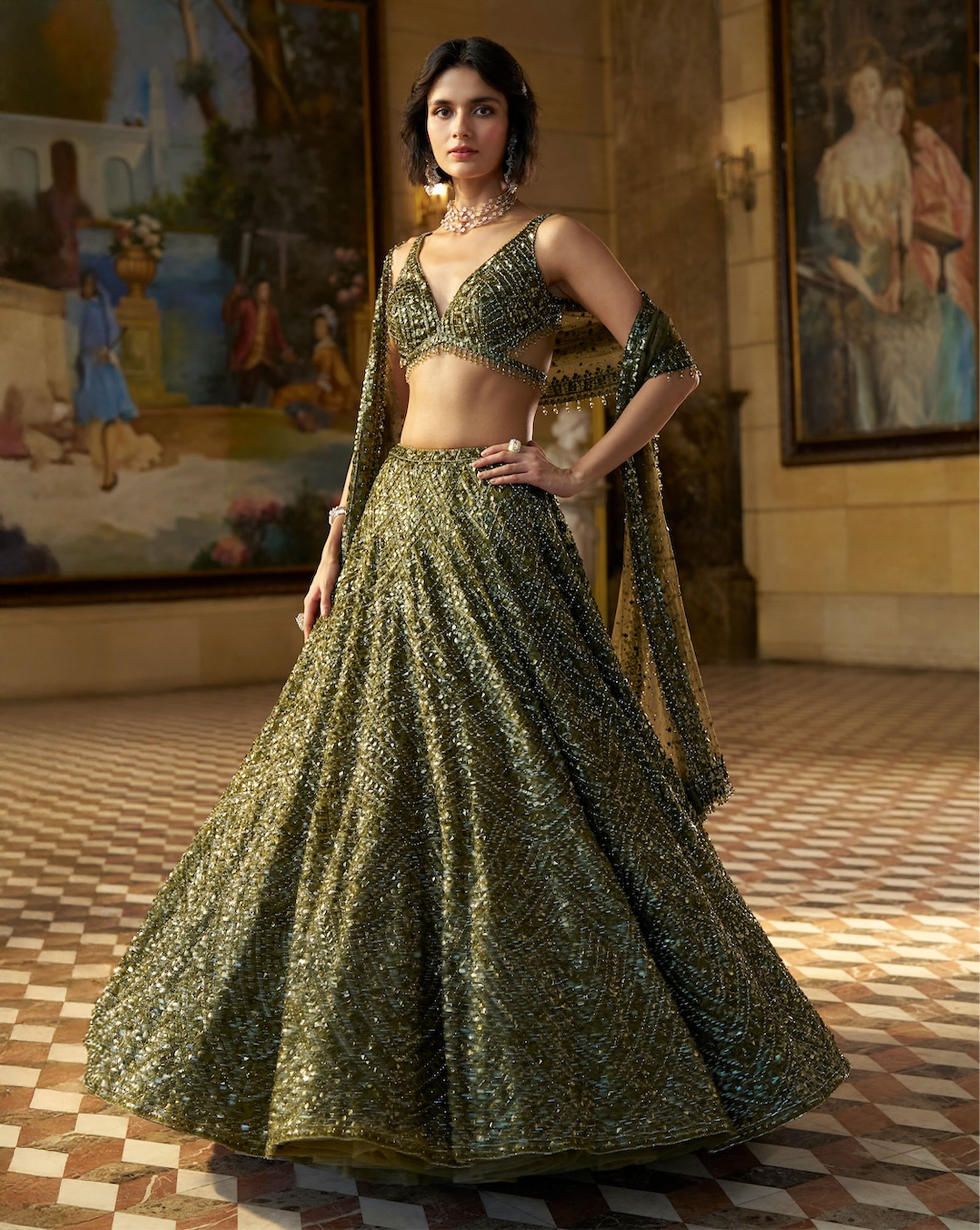 Moss Green Sequin Lehenga Set