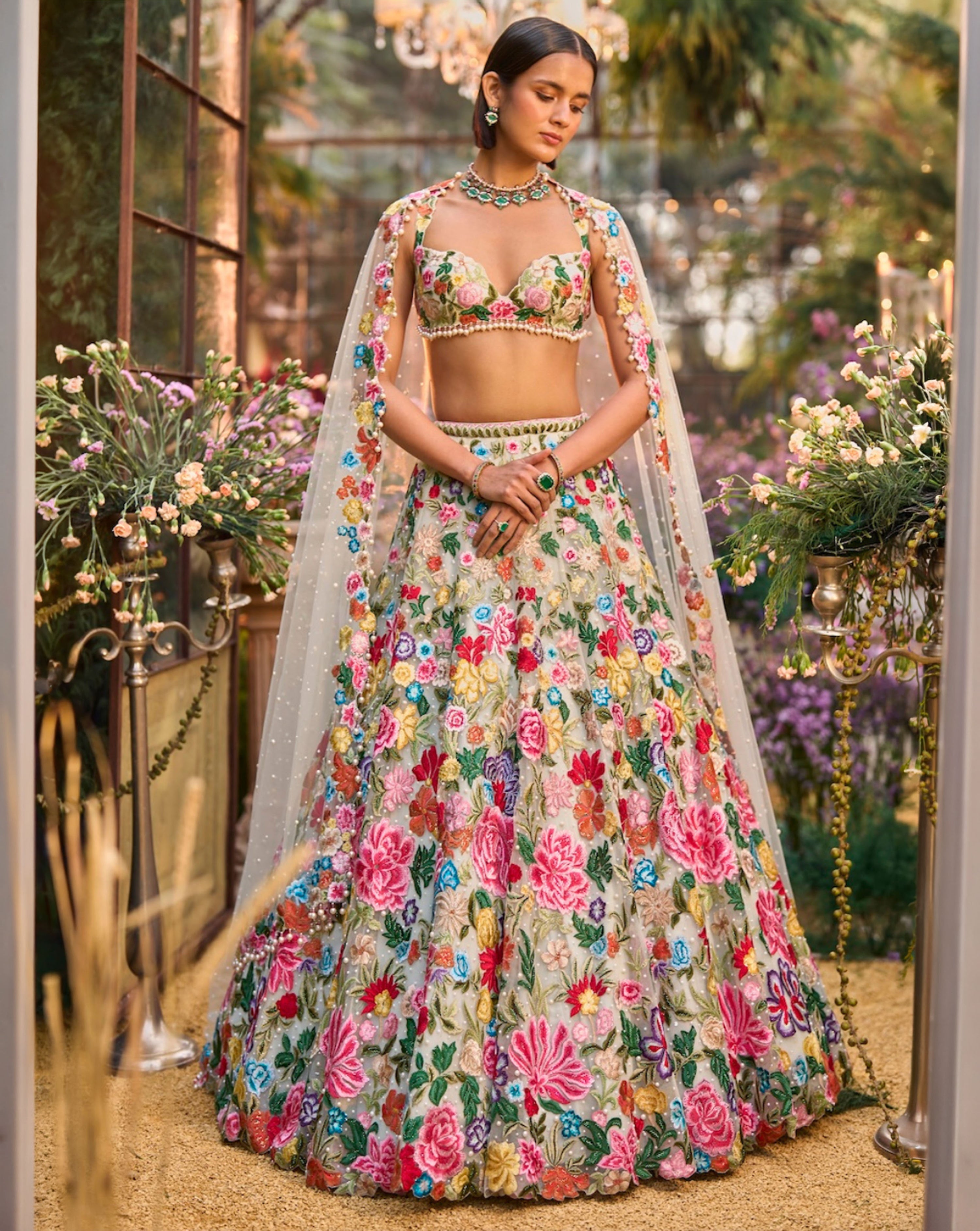 Multi-Coloured Floral Lehenga Set
