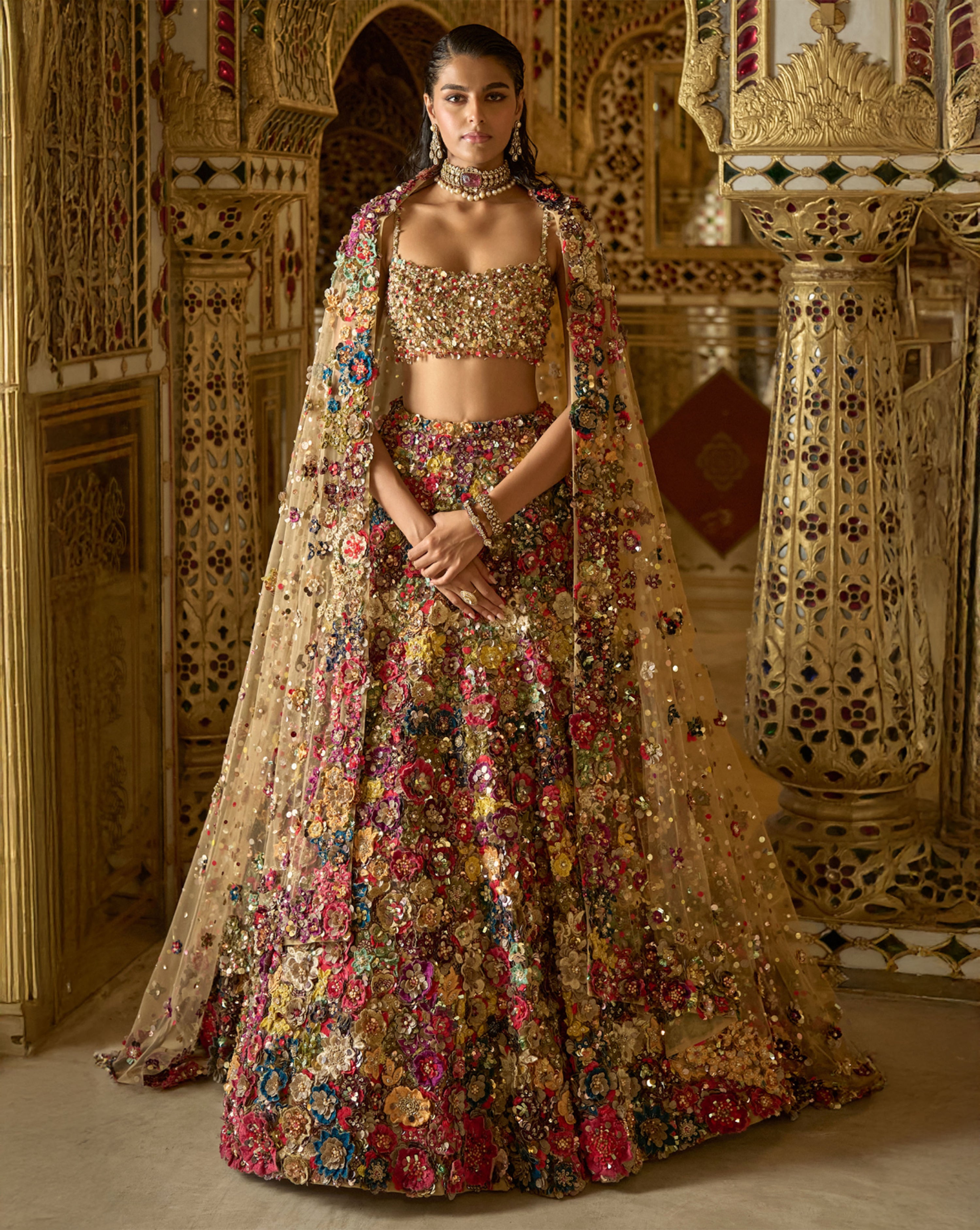 Multi Coloured Three Dimensional Floral Lehenga Set