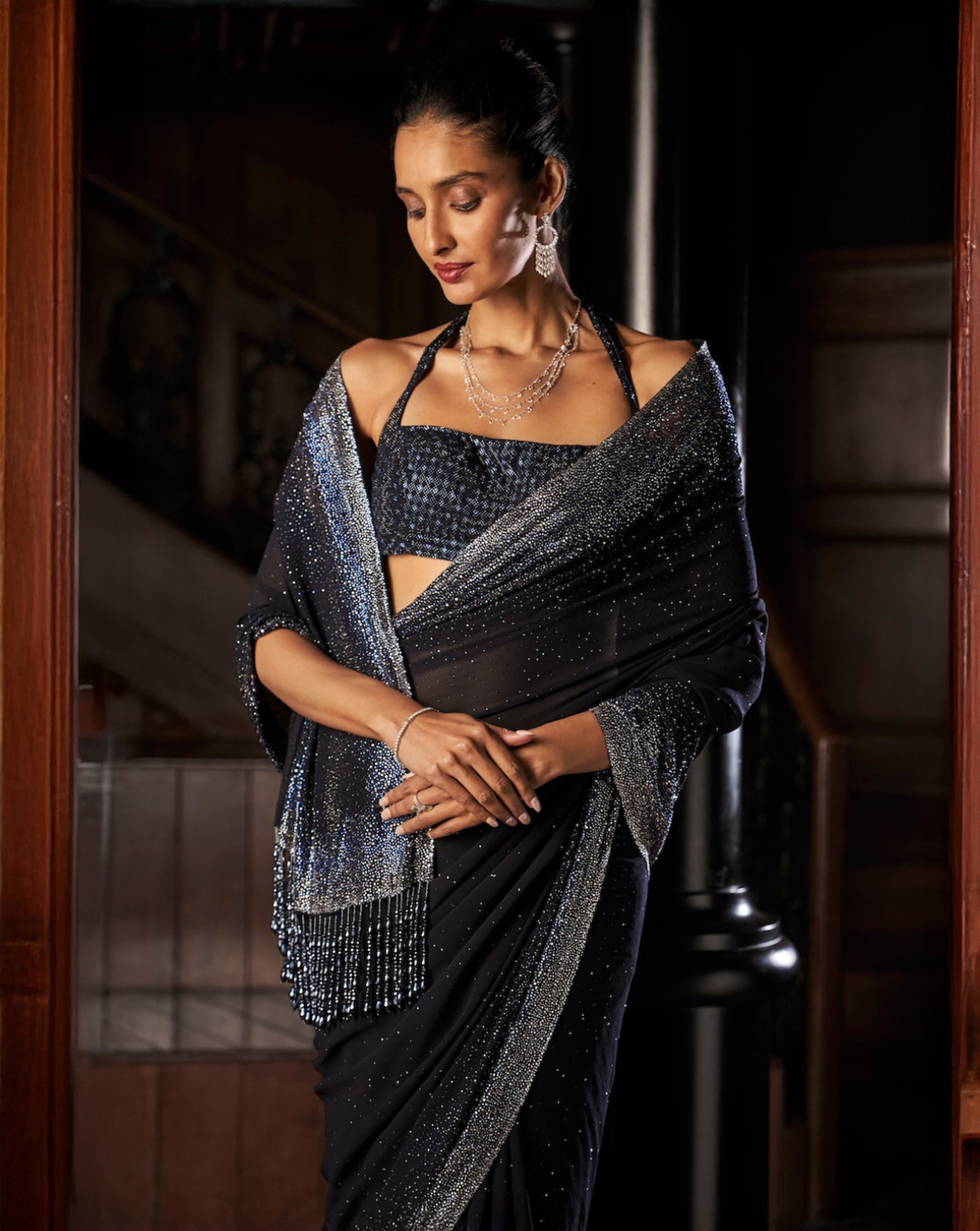 Navy Blue Crystal Georgette Saree