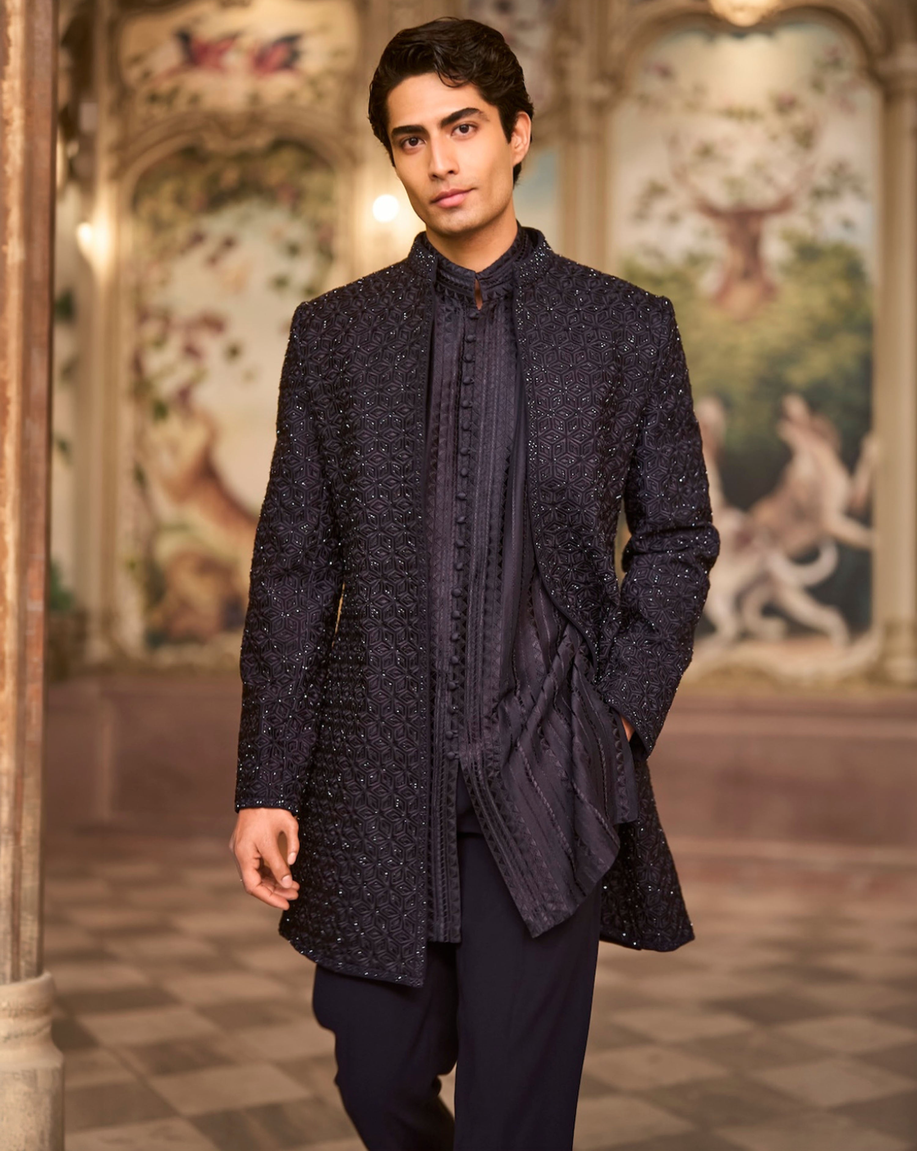 Navy Open Sherwani Set