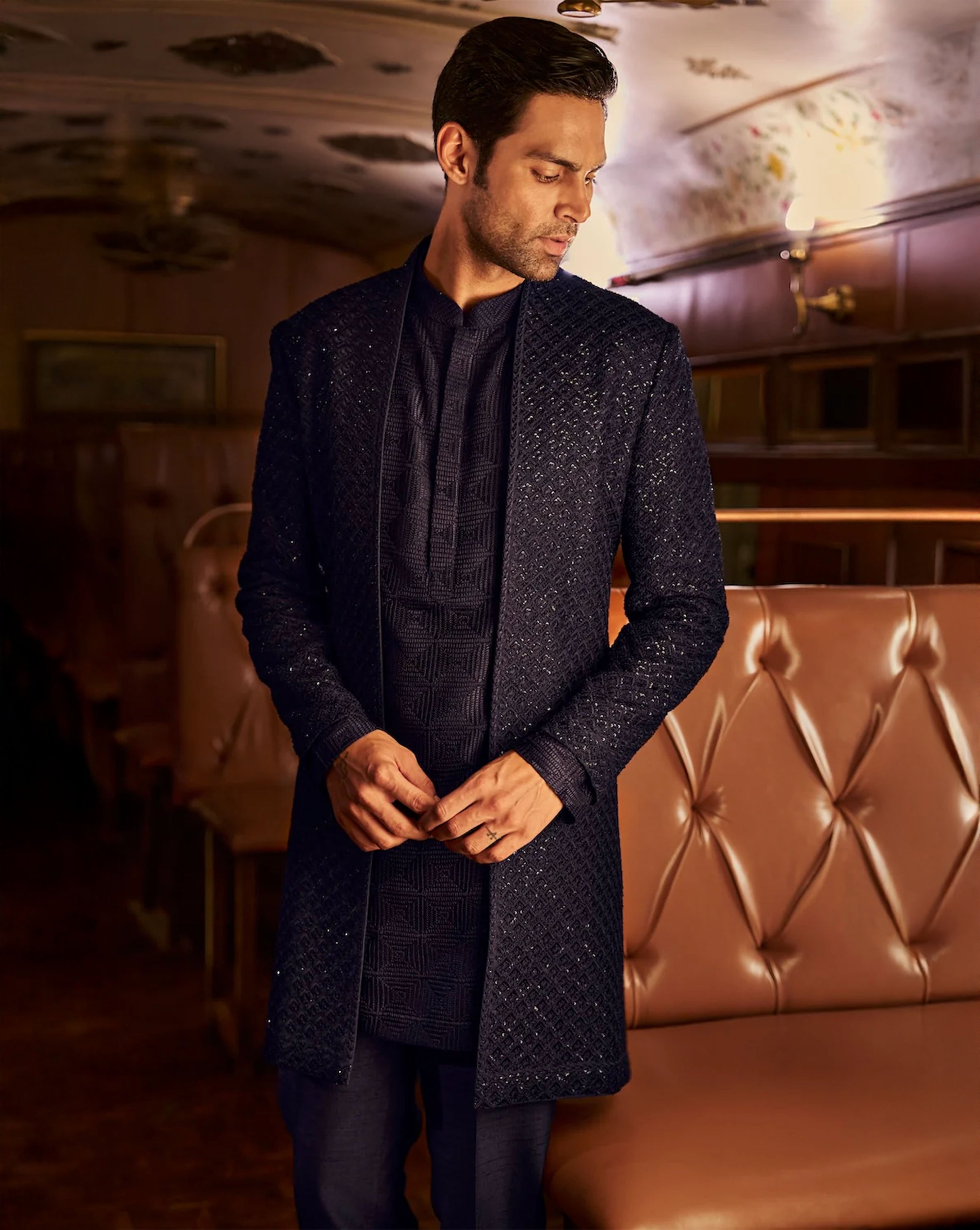 Navy Thread Work Open Sherwani set