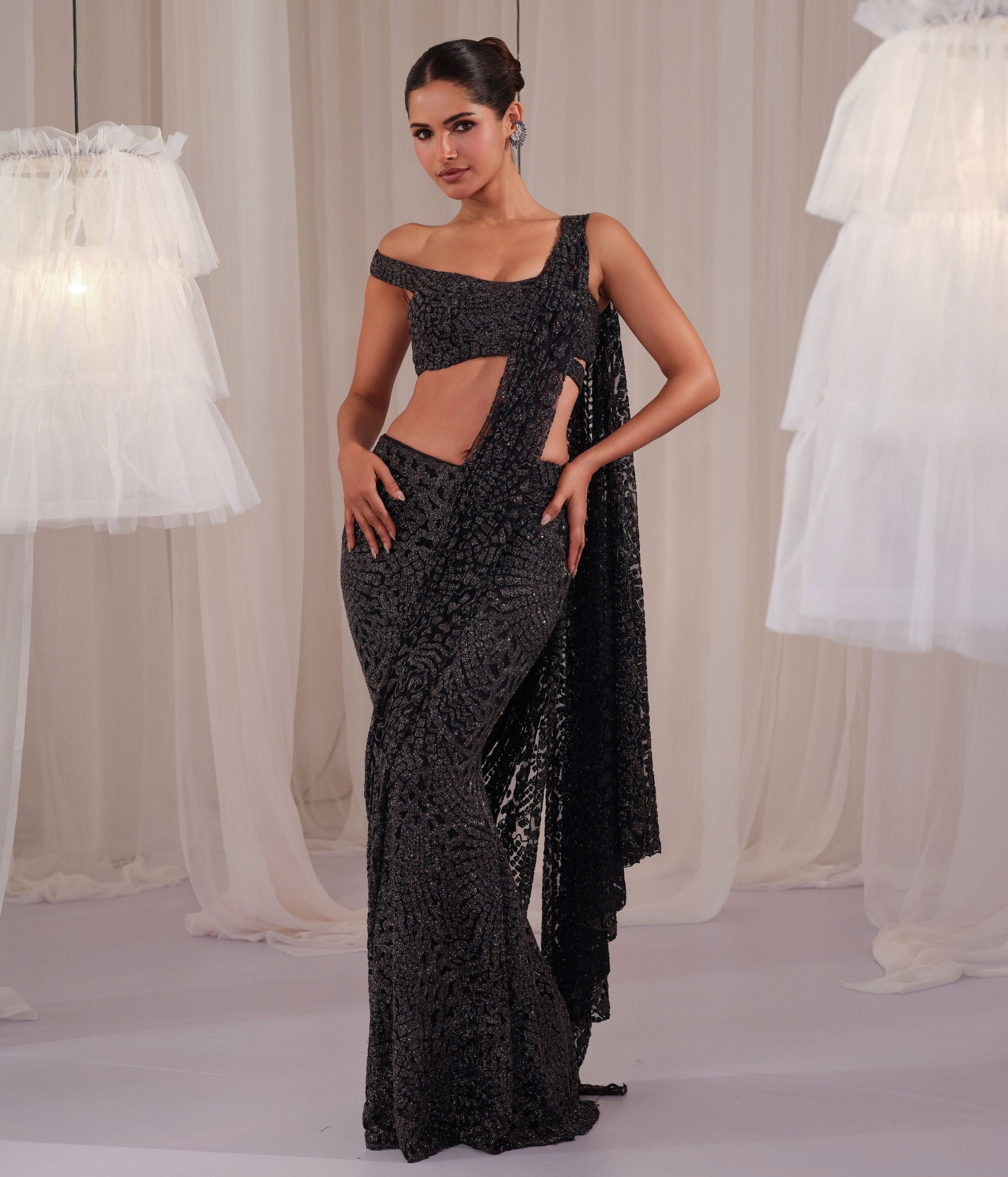 Navy Shimmery Draped Saree With Blouse
