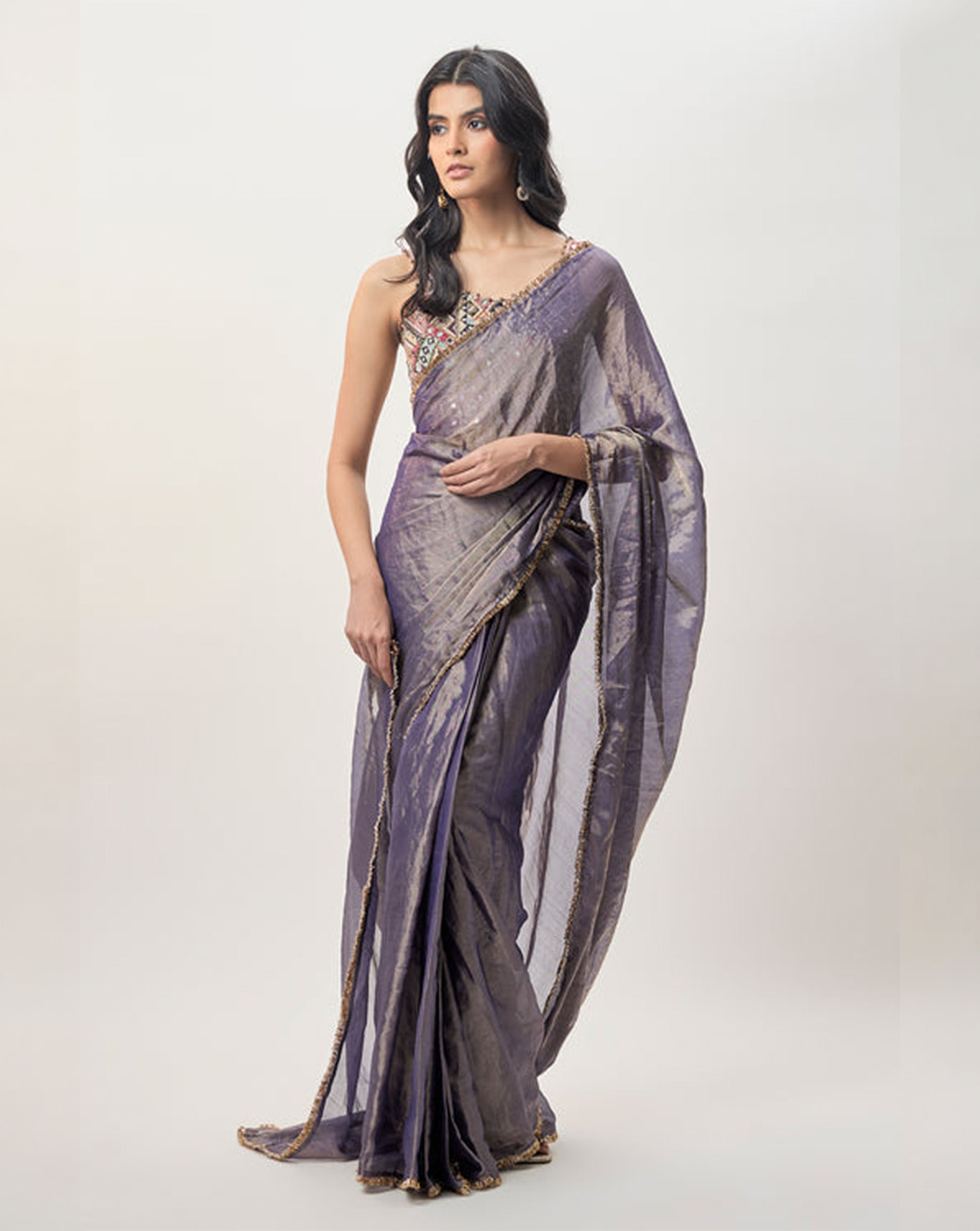 Niusha Purple Georgette Embroidered Choli And Pre-Stitched Tissue Saree