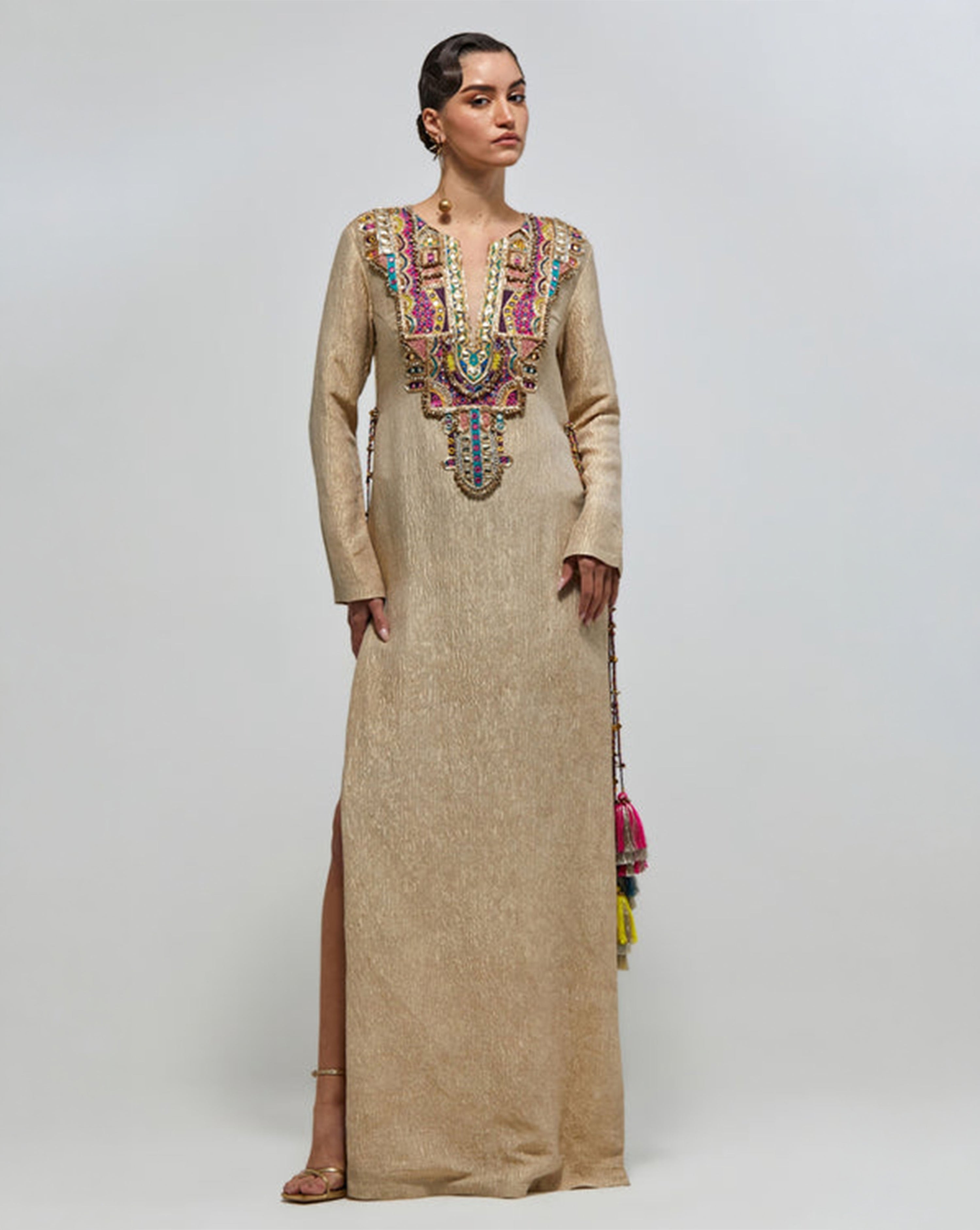Nouriya Gold Crushed Tissue Embroidered Yoke Beyza Kaftan