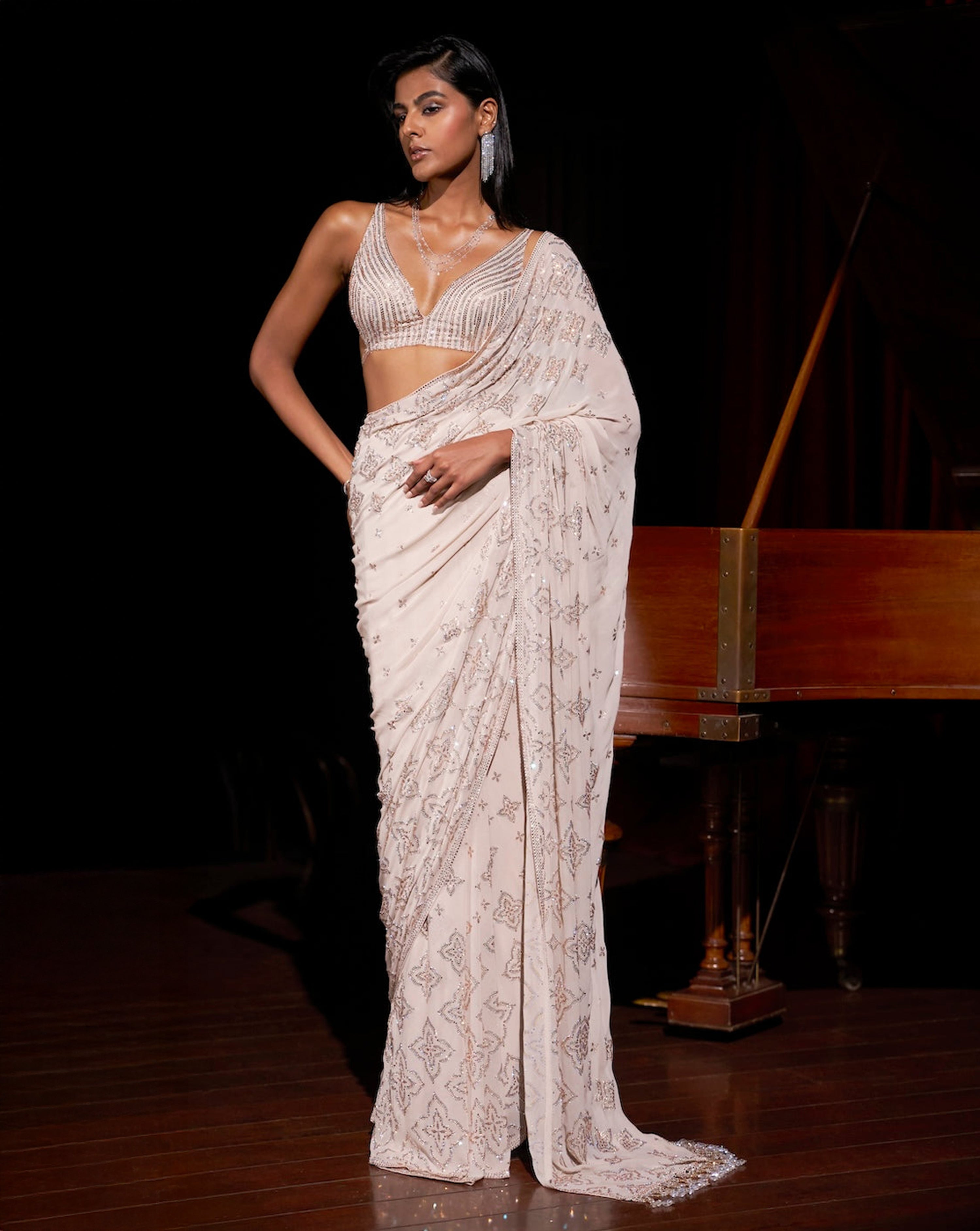 Nude Crystal Georgette Saree