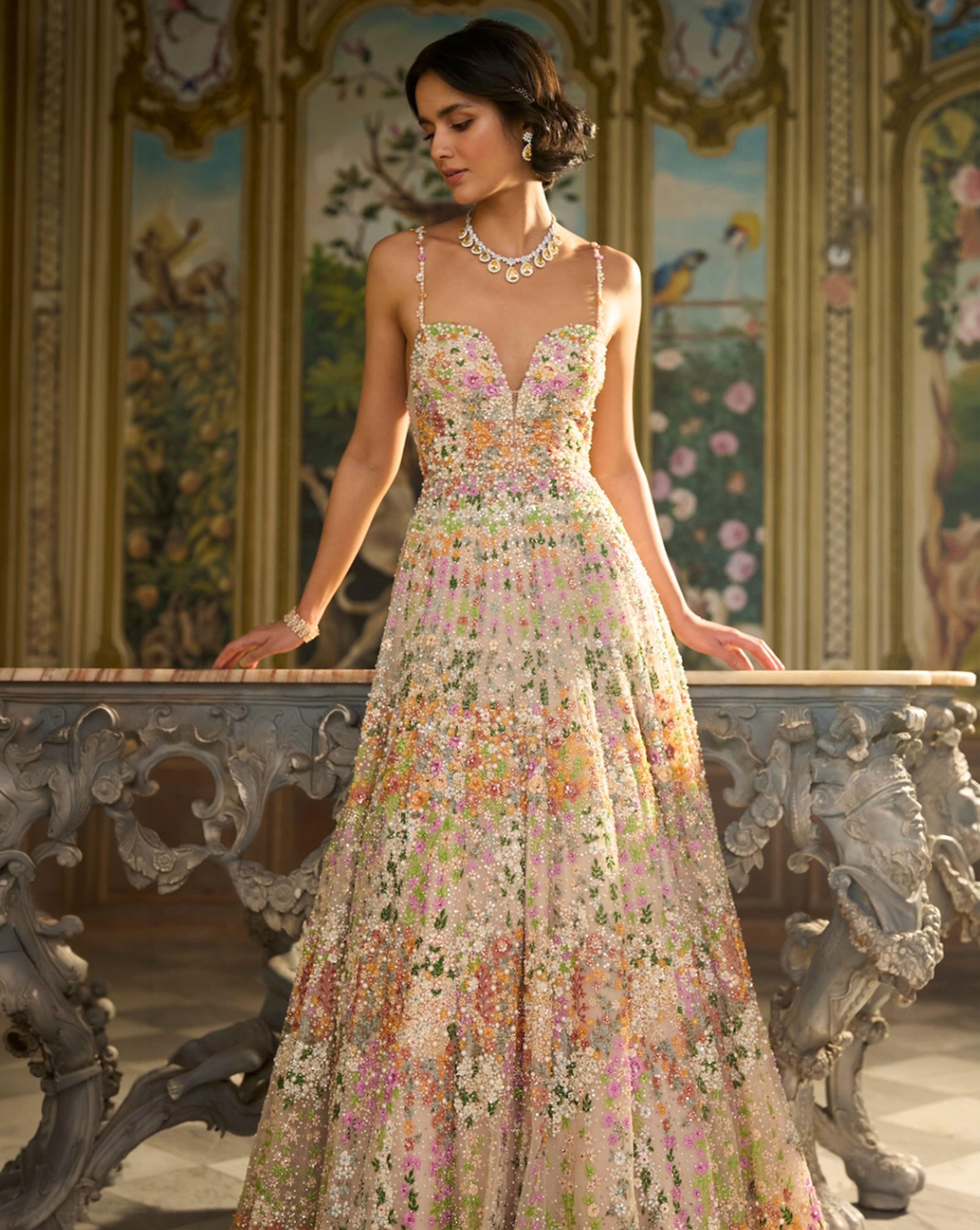 Nude Multi-Coloured Floral Gown