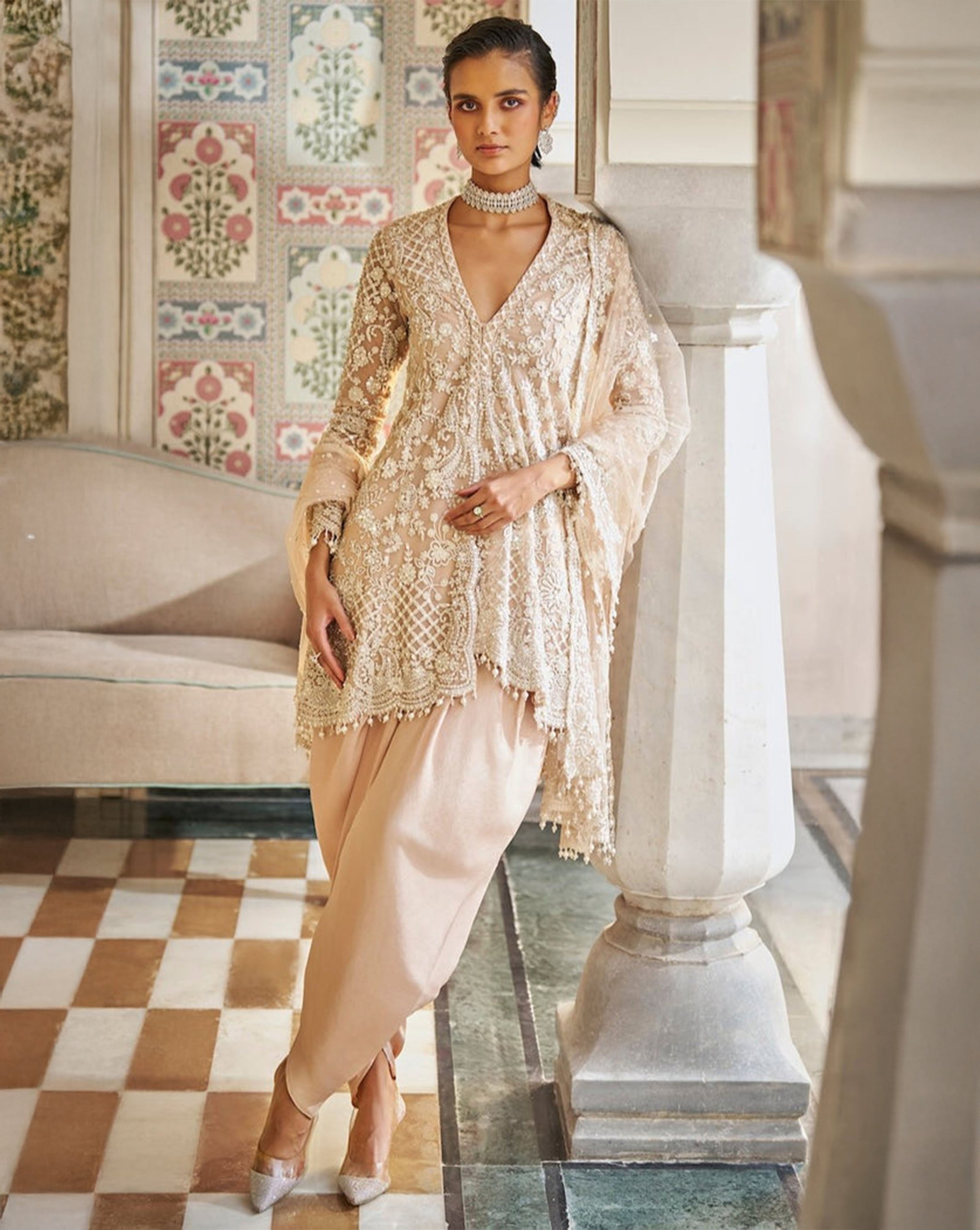 Nude Pearl Dhoti Set