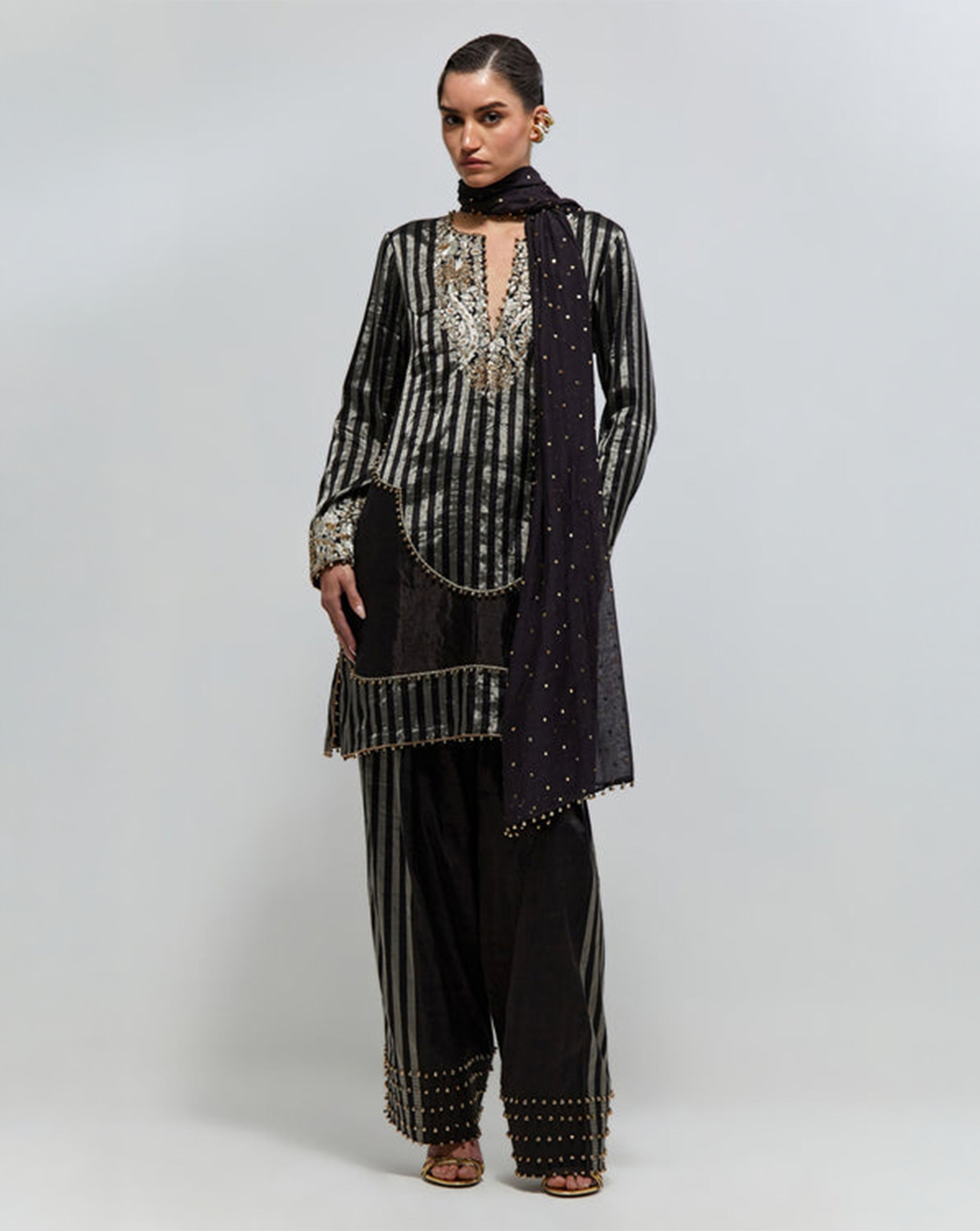 Nysa Black Stripe Tissue Embroidered Kurta With Farshi Salwar And Mukaish Silkmul Dupatta