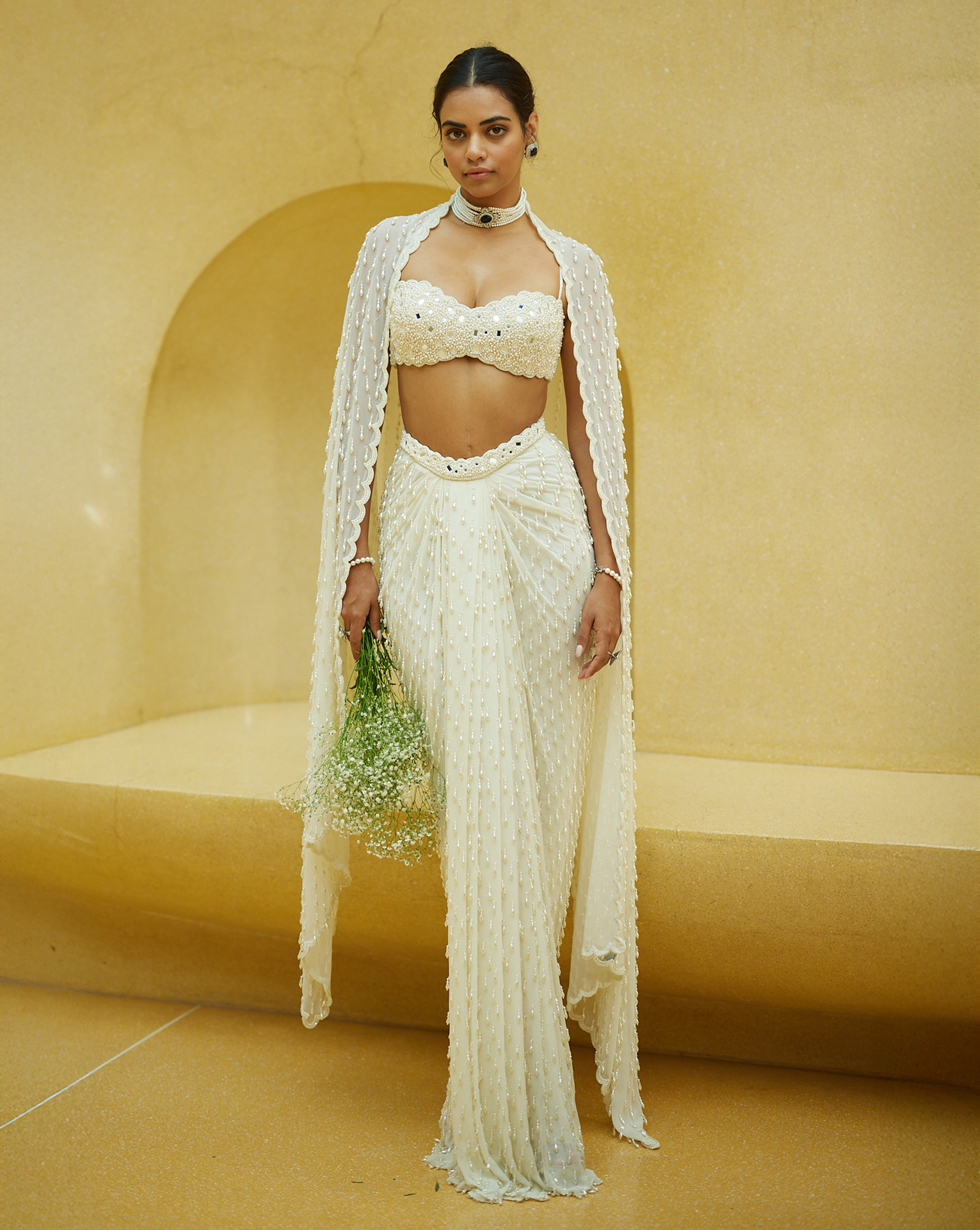 Off White Dense Drop Draped Skirt set