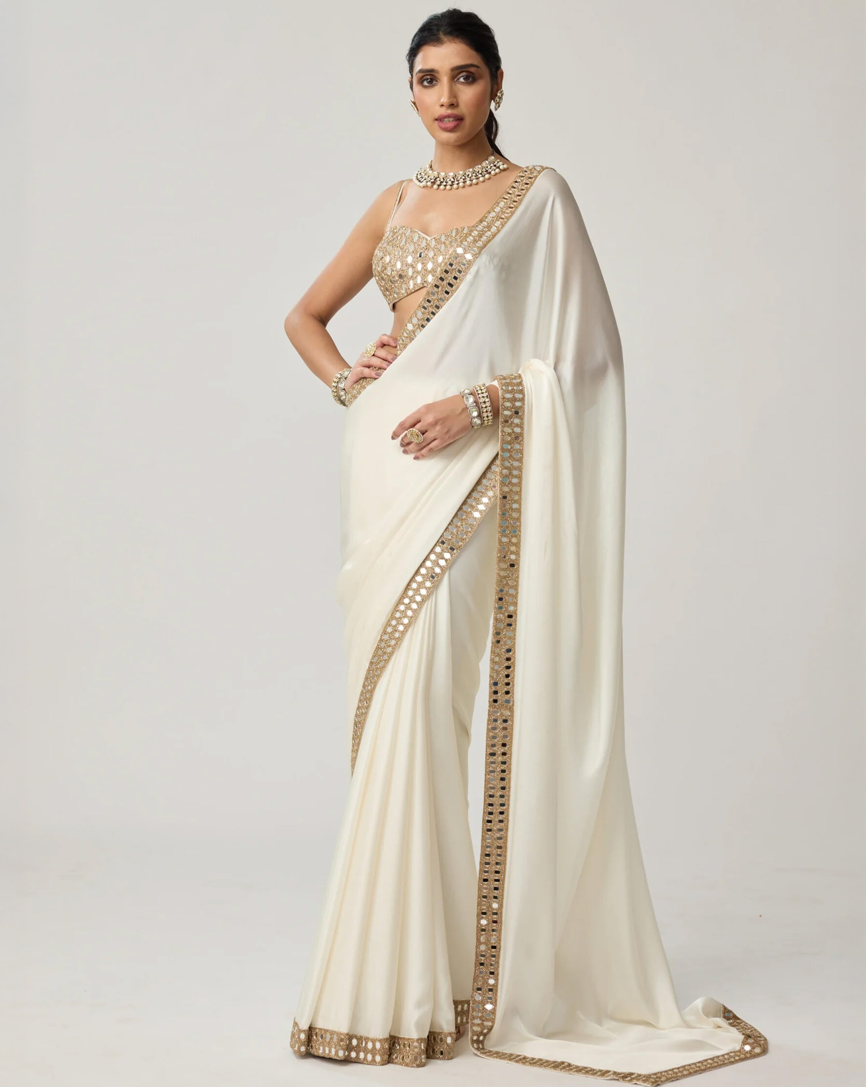 Off White Mirror Satin Saree Set