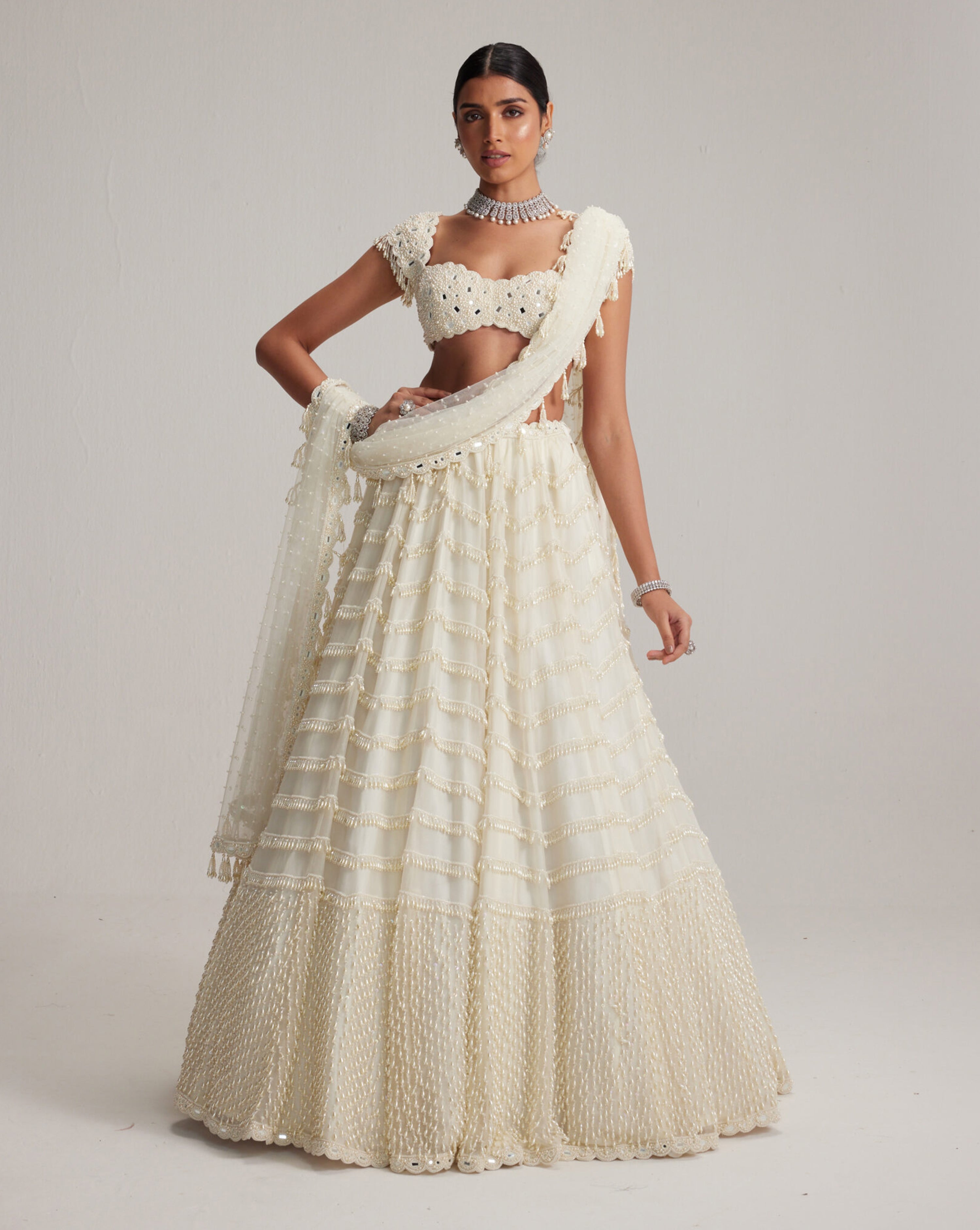 Off White Mirror and Pearl Drop Bridal lehenga set