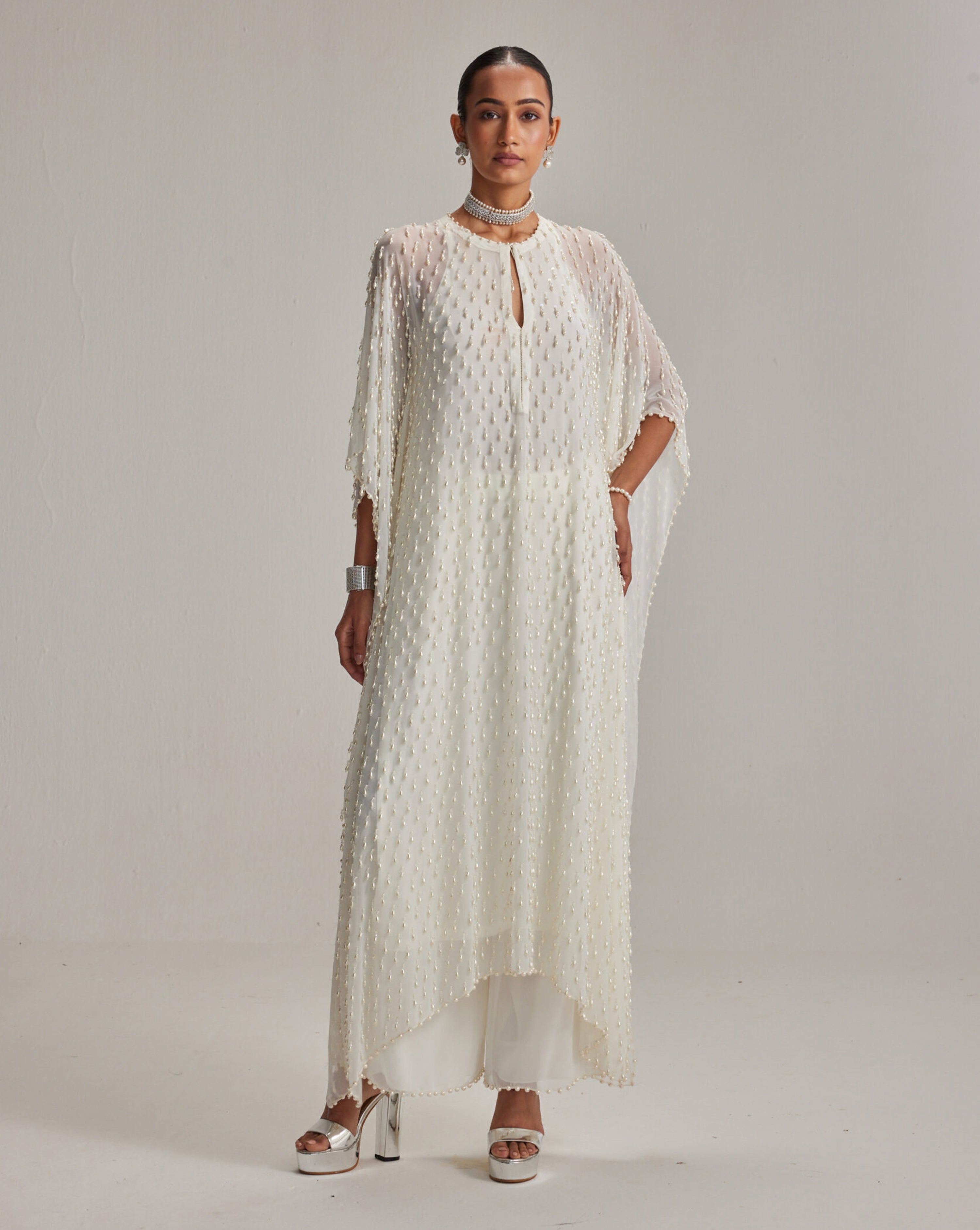 Off White Pearl Drop Kaftaan set