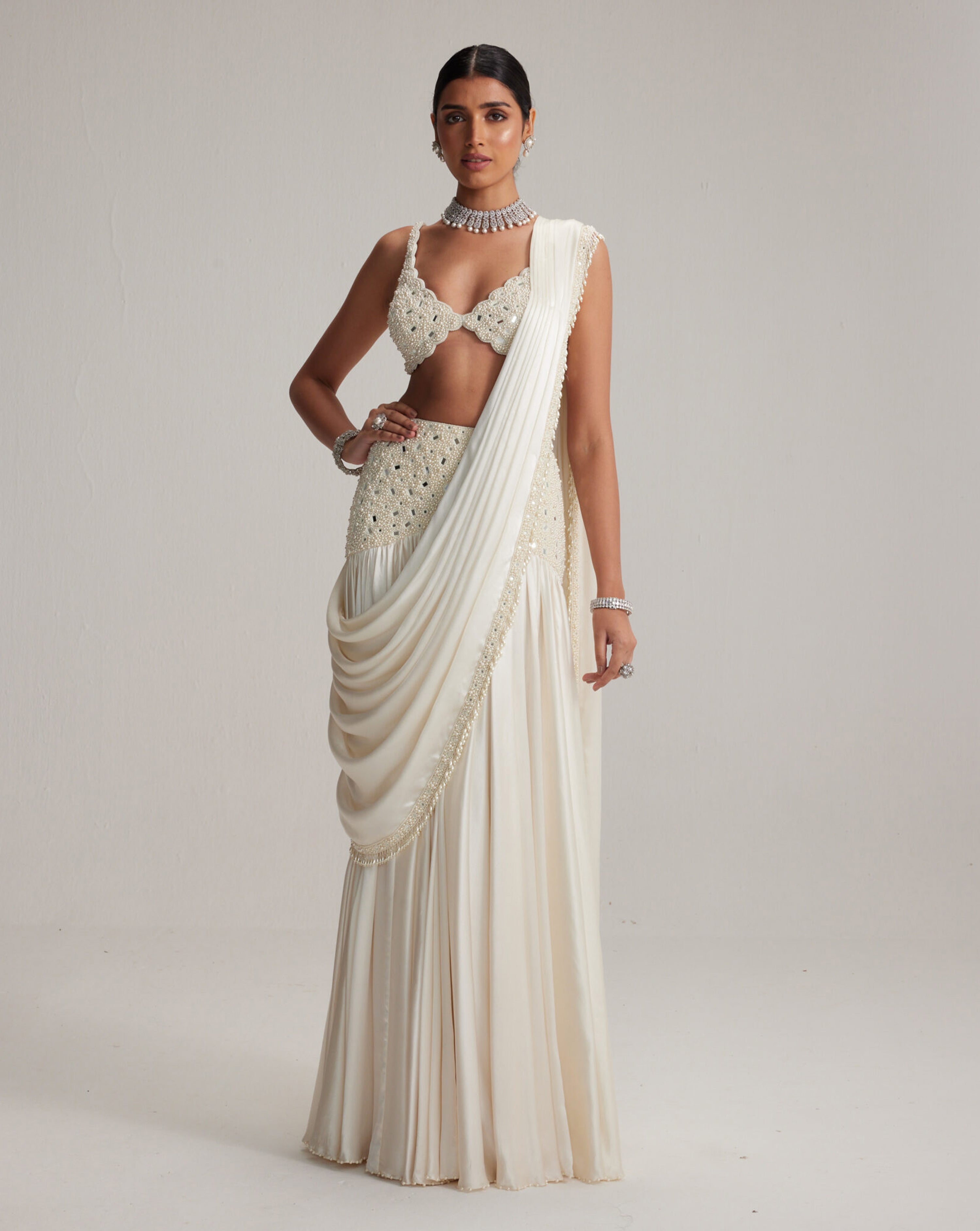 Off White Pearl and Mirror Embroidered satin draped saree set
