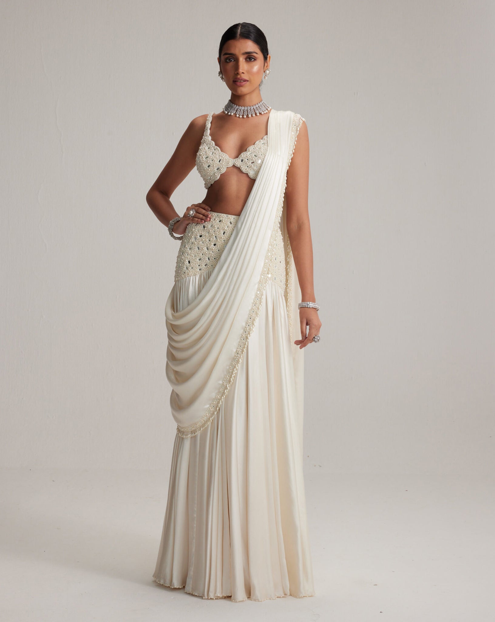 green emerald velvet dress Off White Pearl and Mirror Embroidered Satin Draped Saree Set