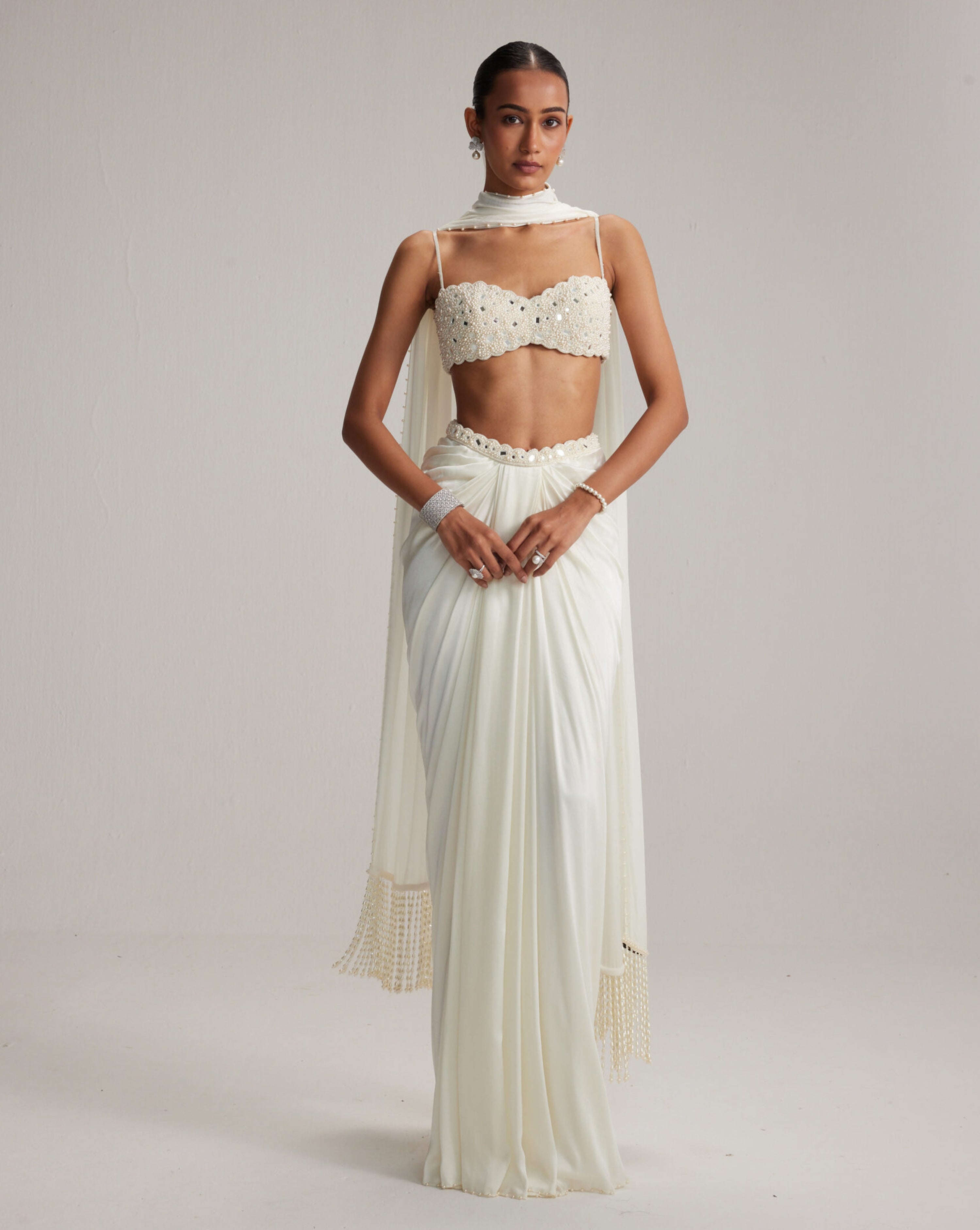 Off White Satin Draped Skirt Set