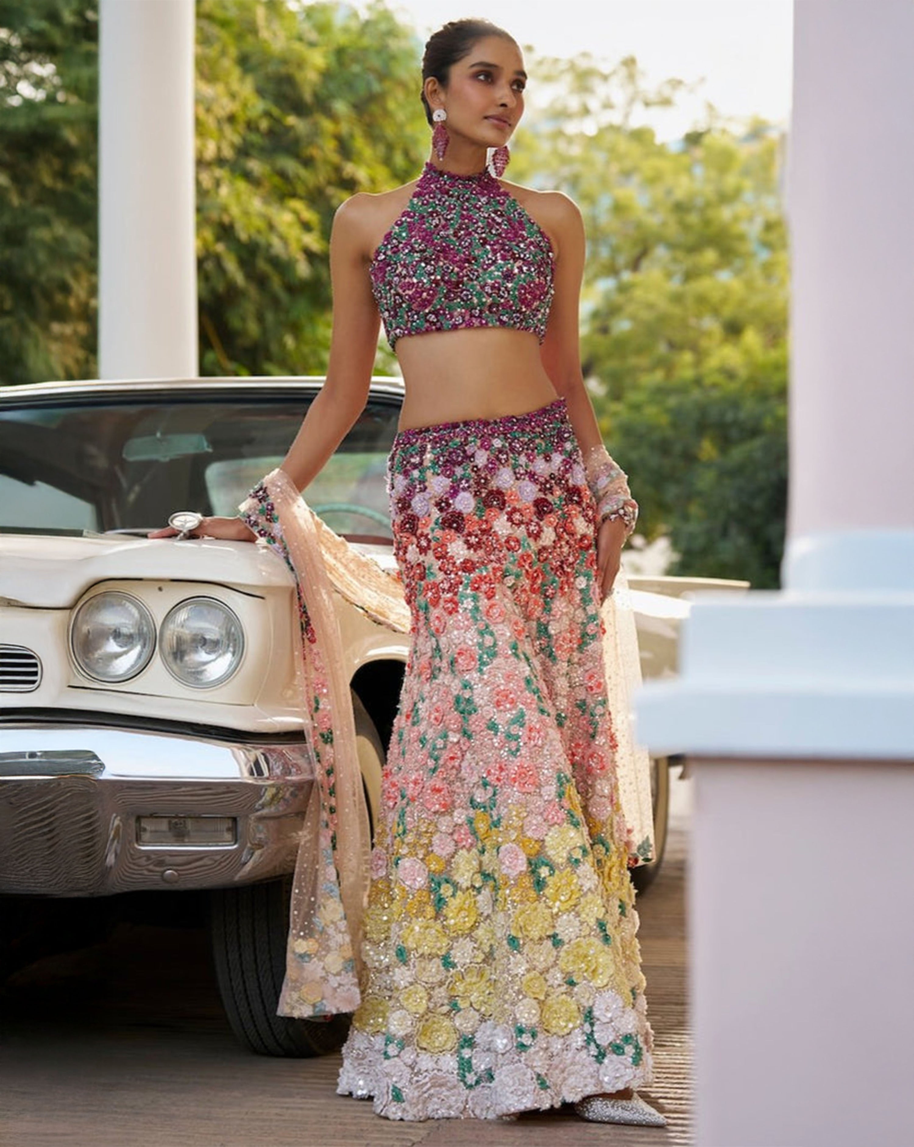 Ombre Multi-Coloured Three-Dimensional Floral Sharara Set