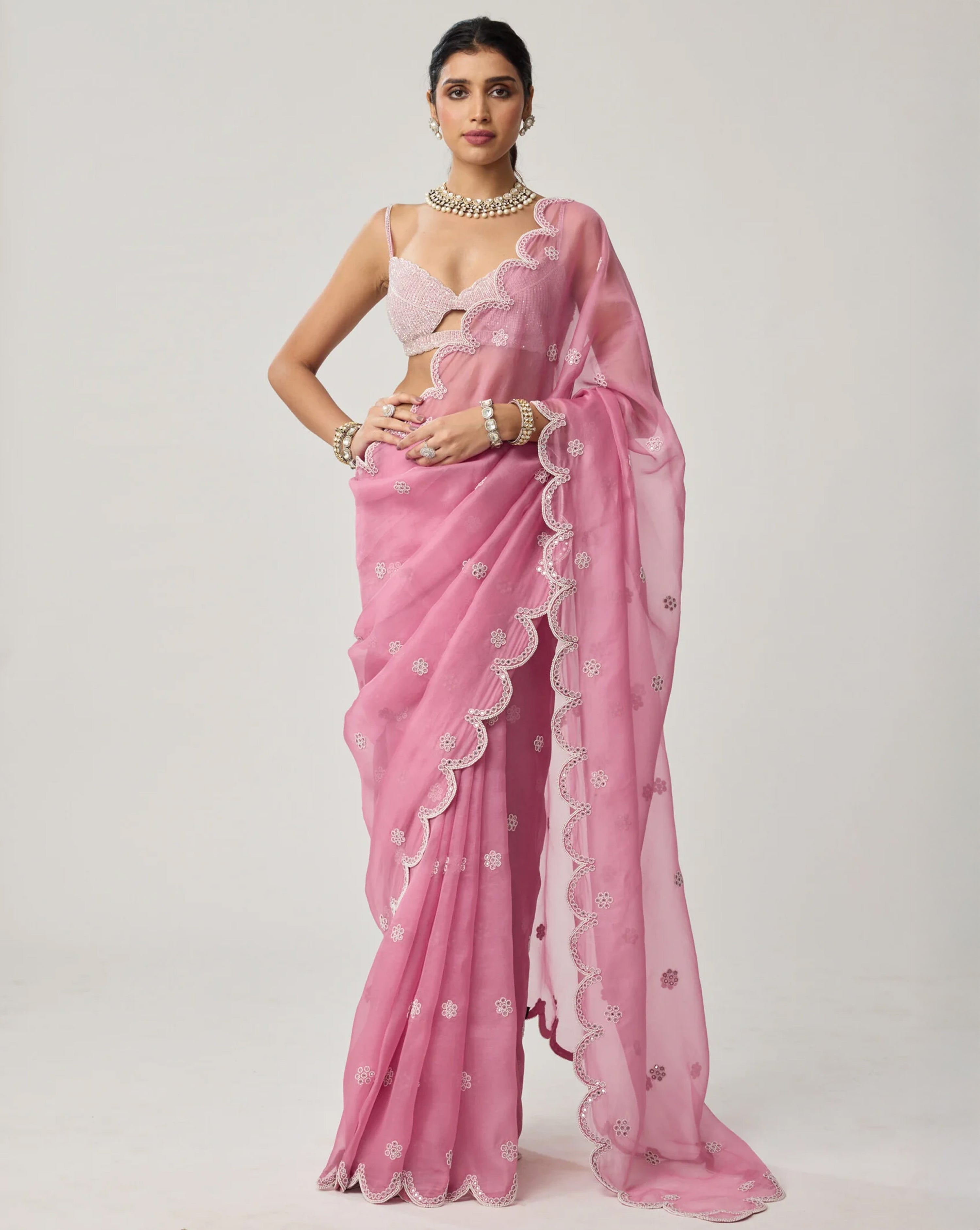 Onion Pink Organza Pearl Saree Set