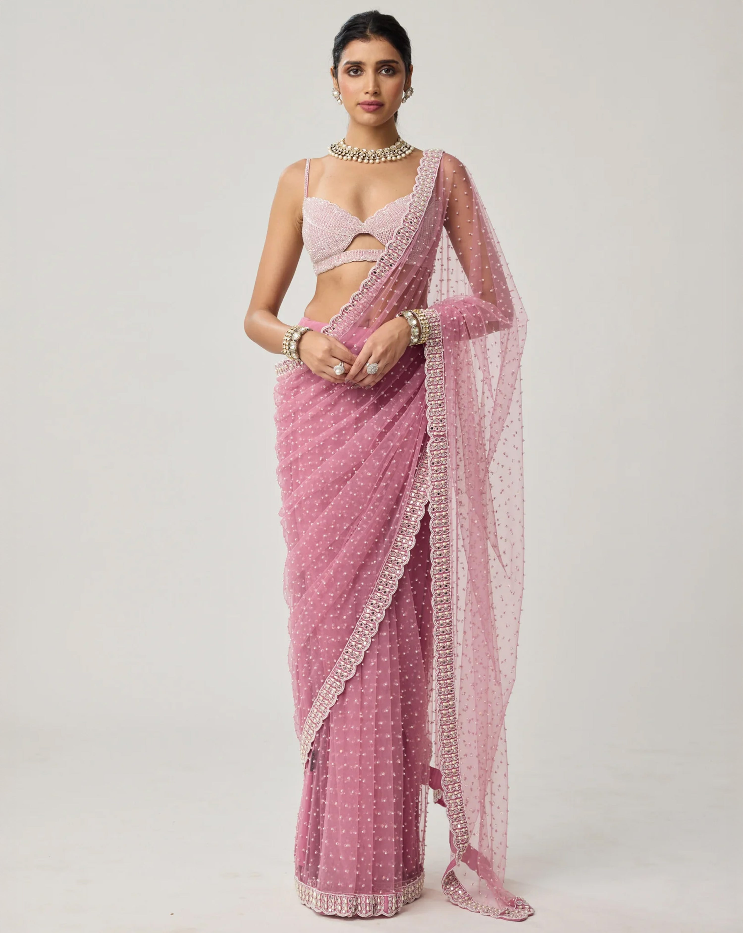 Onion Pink Pearl Scattered Net Saree Set