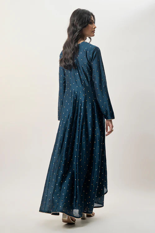 Zarrin Navy Blue Mukaish Silkmul Embroidered Anarkali With Churidar And Mukaish Net Dupatta