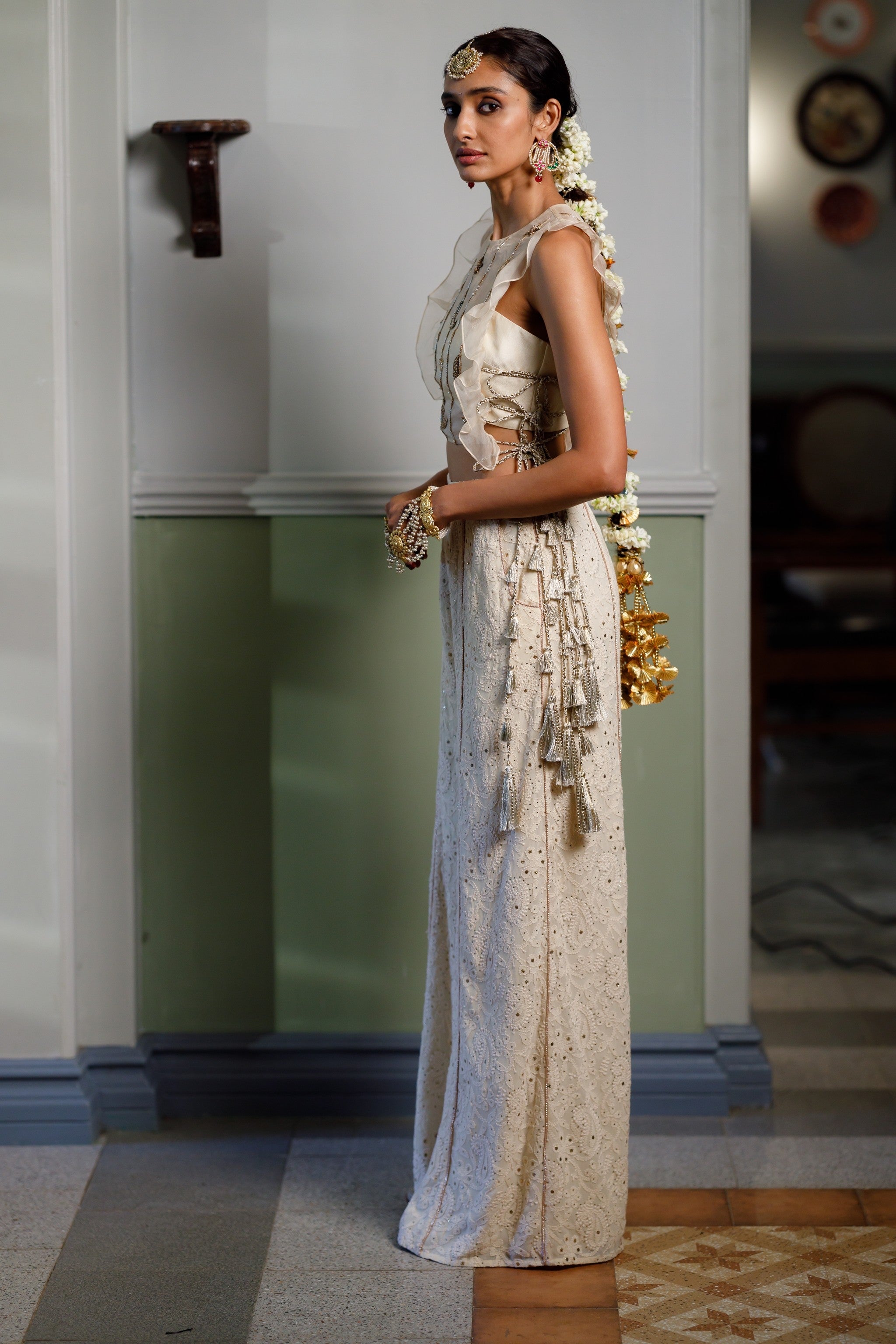 Stone Embroidered Bib With Ruffle And Side Tie-Up Bustier With Pant Stone Embroidered Bib With Ruffle And Side Tie-Up Bustier With Pant