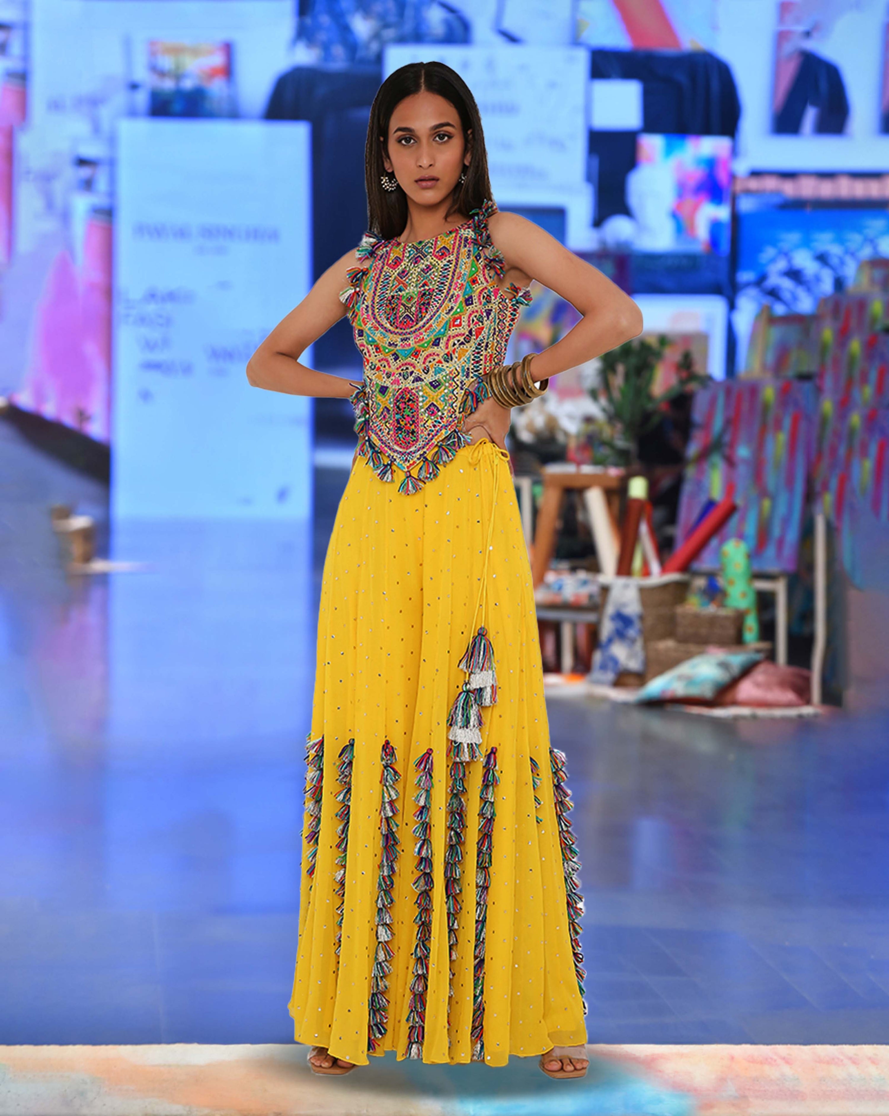 Yellow Mukaish Georgette Sharara