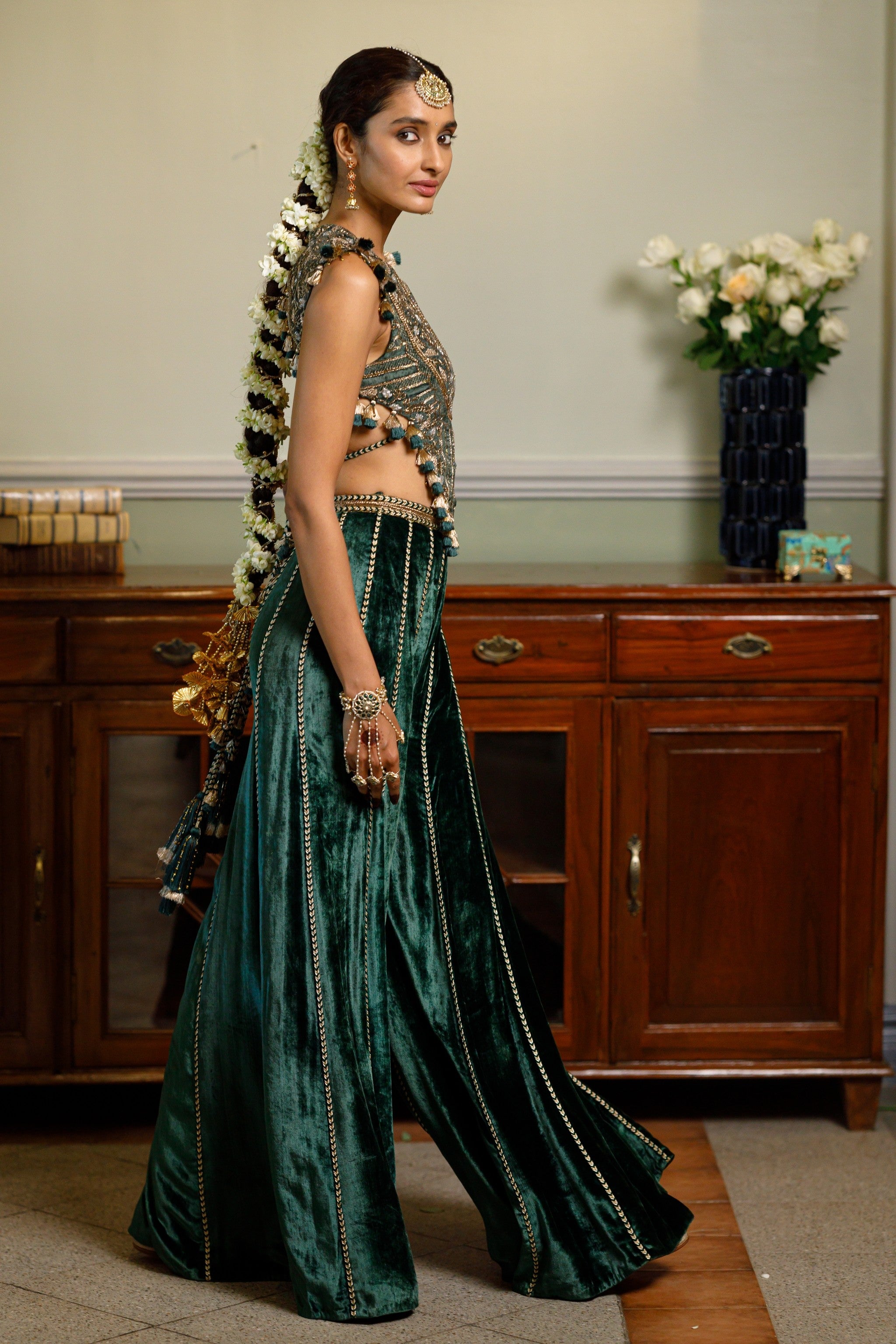 Benazir Emerald Green Embroidered Back Tie-Up Choli And Sharara Pant