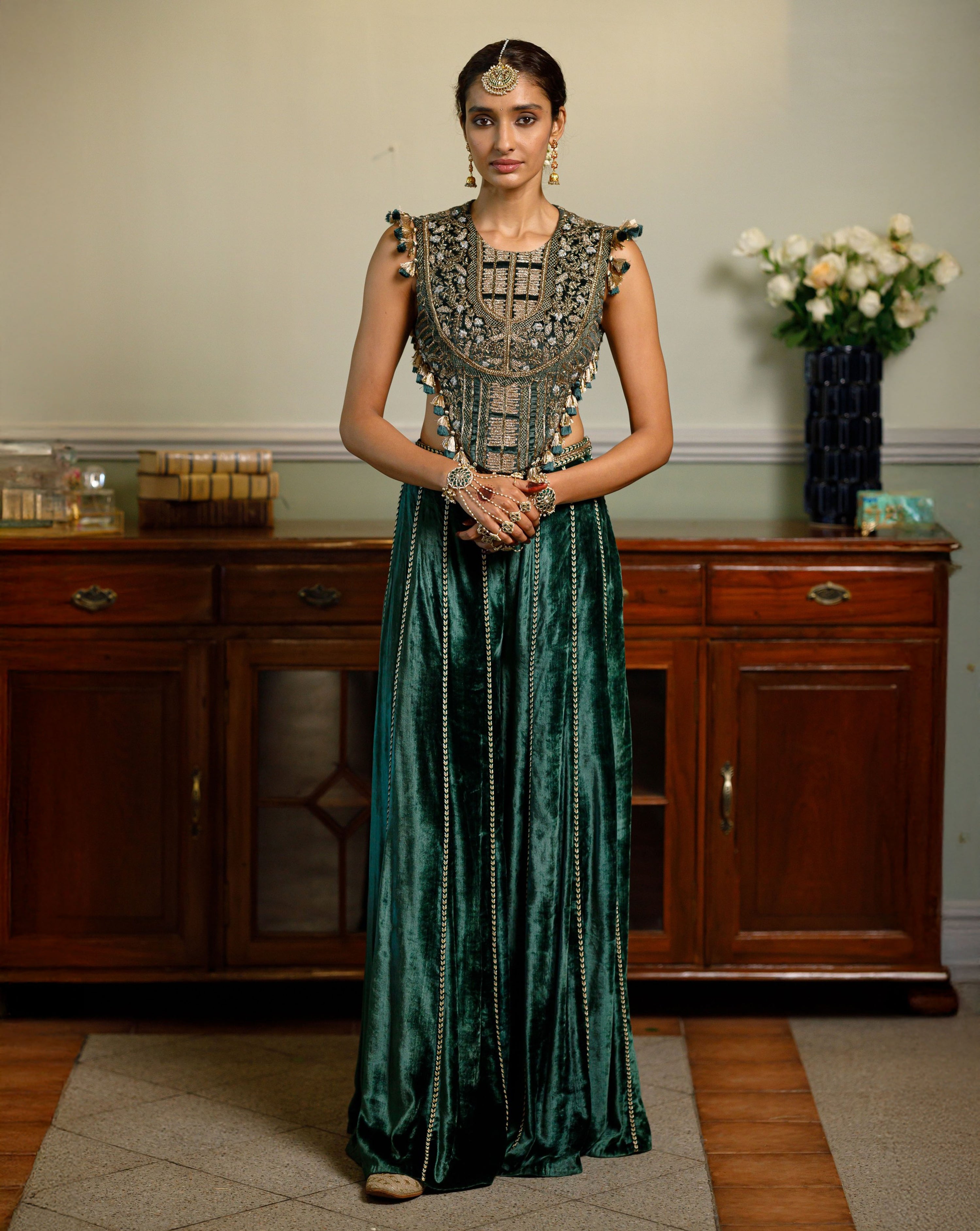 Benazir Emerald Green Embroidered Back Tie-Up Choli And Sharara Pant