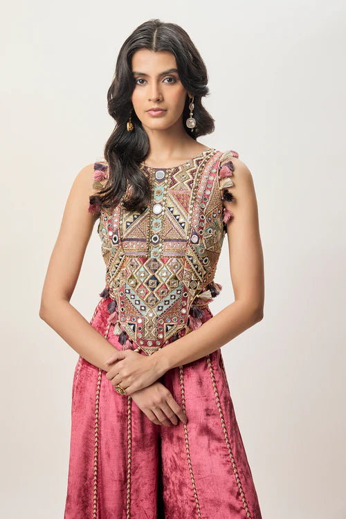 Yasmin Cranberry Georgette Embroidered Choli & Velvet Sharara