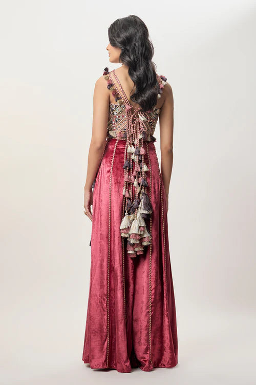 Yasmin Cranberry Georgette Embroidered Choli & Velvet Sharara