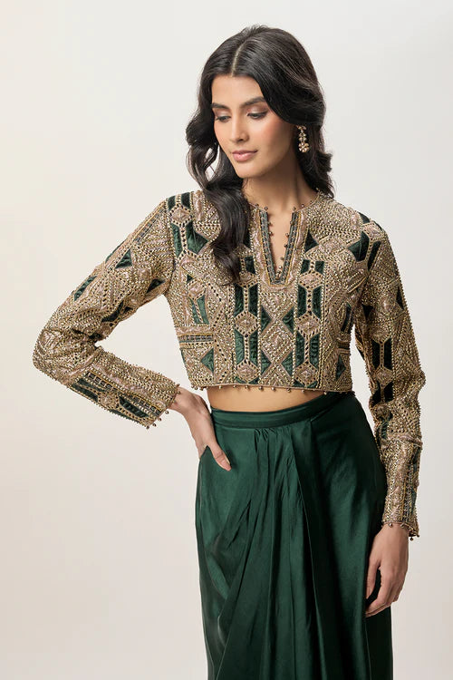 Sia Emerald Green Georgette Embroidered Choli And Modal Satin Dhoti Skirt