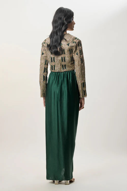 Sia Emerald Green Georgette Embroidered Choli And Modal Satin Dhoti Skirt