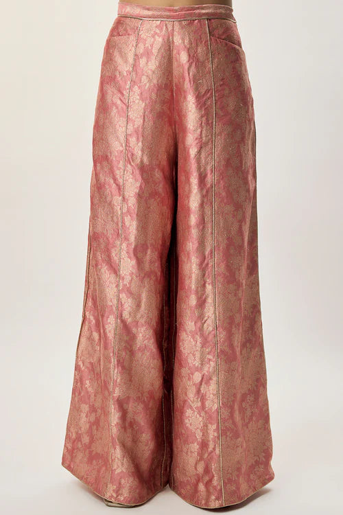 Iza Stone Georgette Embroidered Waist Coat With Rust Pink Banarasi Brocade Kurta And Pant