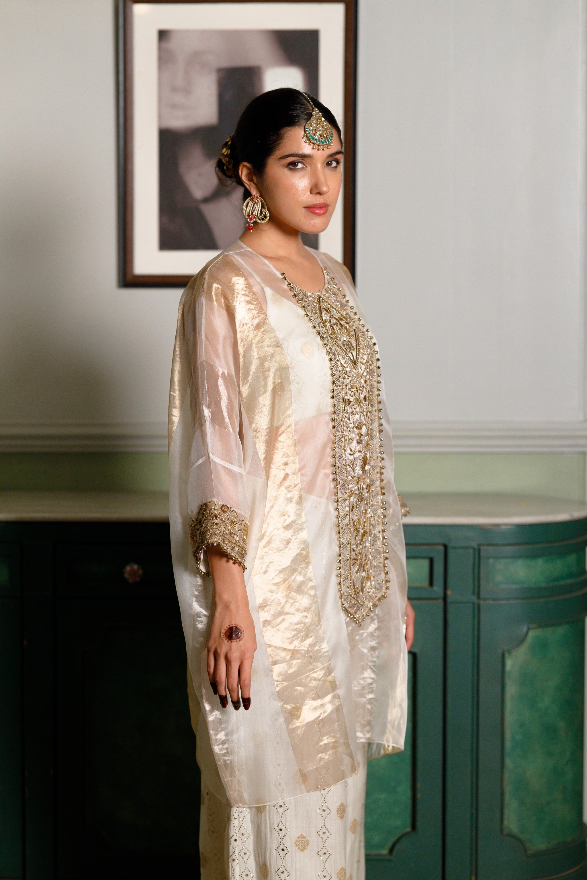 Parhez Gold Embroidered Tunic With Bustier And Palazzo